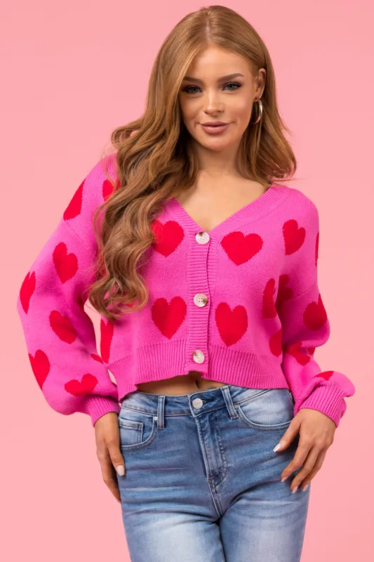 Magenta Heart Print Button Down Cardigan sold by Lime Lush
