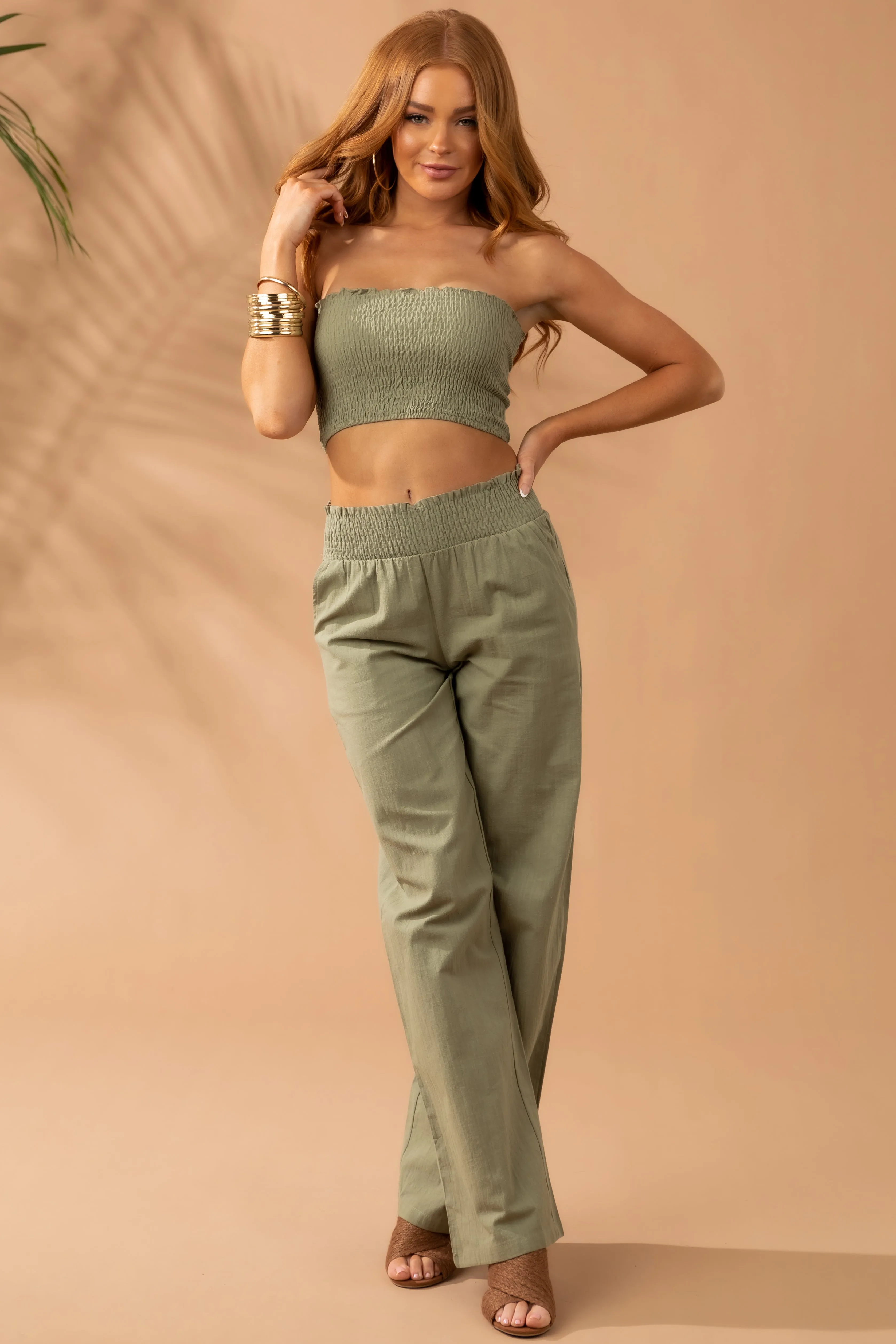 Dusty Olive Linen Bandeau and Pants 2 Piece Set sold by Lime Lush product image thumbnail 3