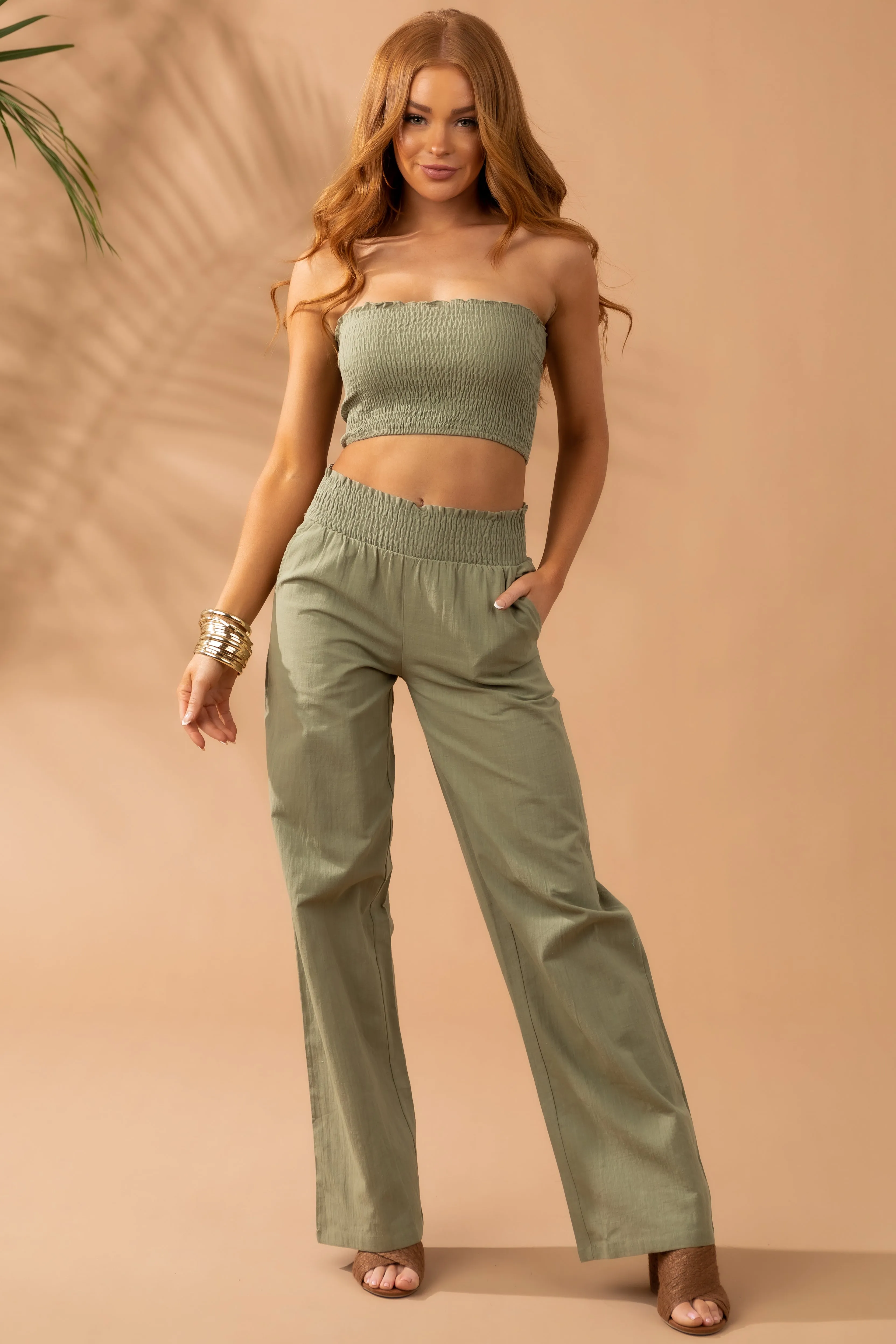 Dusty Olive Linen Bandeau and Pants 2 Piece Set sold by Lime Lush