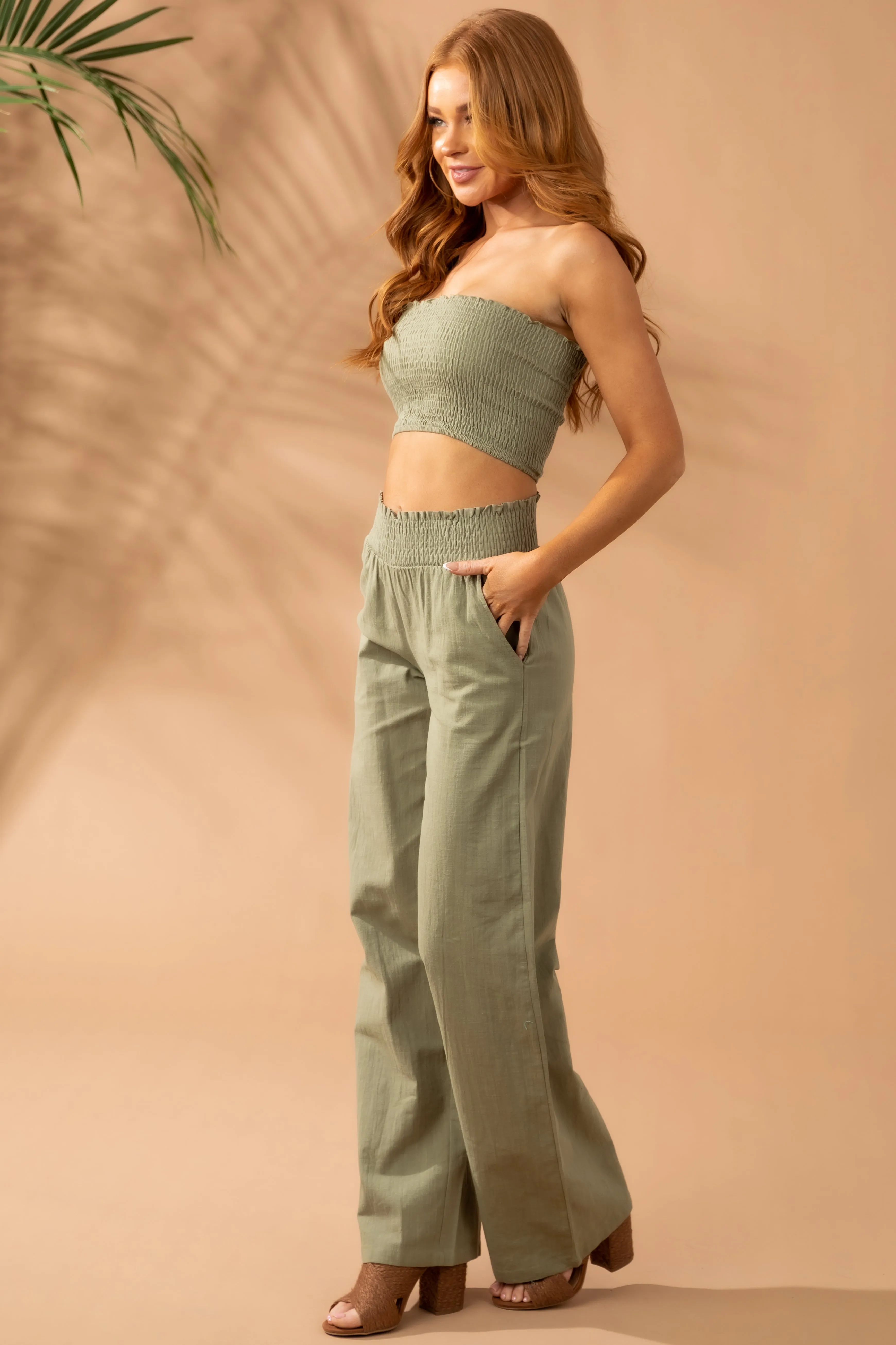 Dusty Olive Linen Bandeau and Pants 2 Piece Set sold by Lime Lush product image thumbnail 4