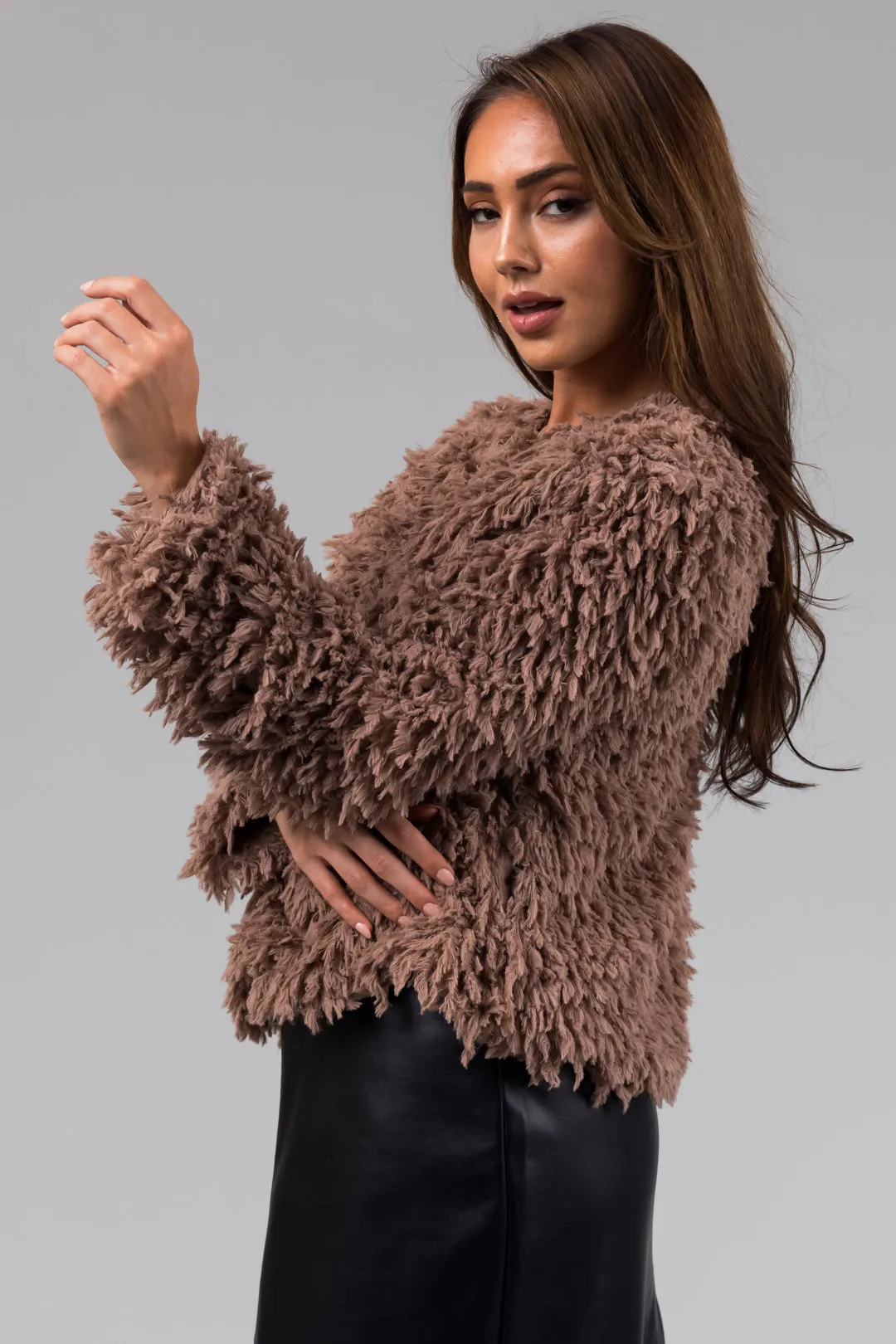 She+Sky Coffee Faux Fur Long Sleeve Jacket sold by Lime Lush product image thumbnail 5