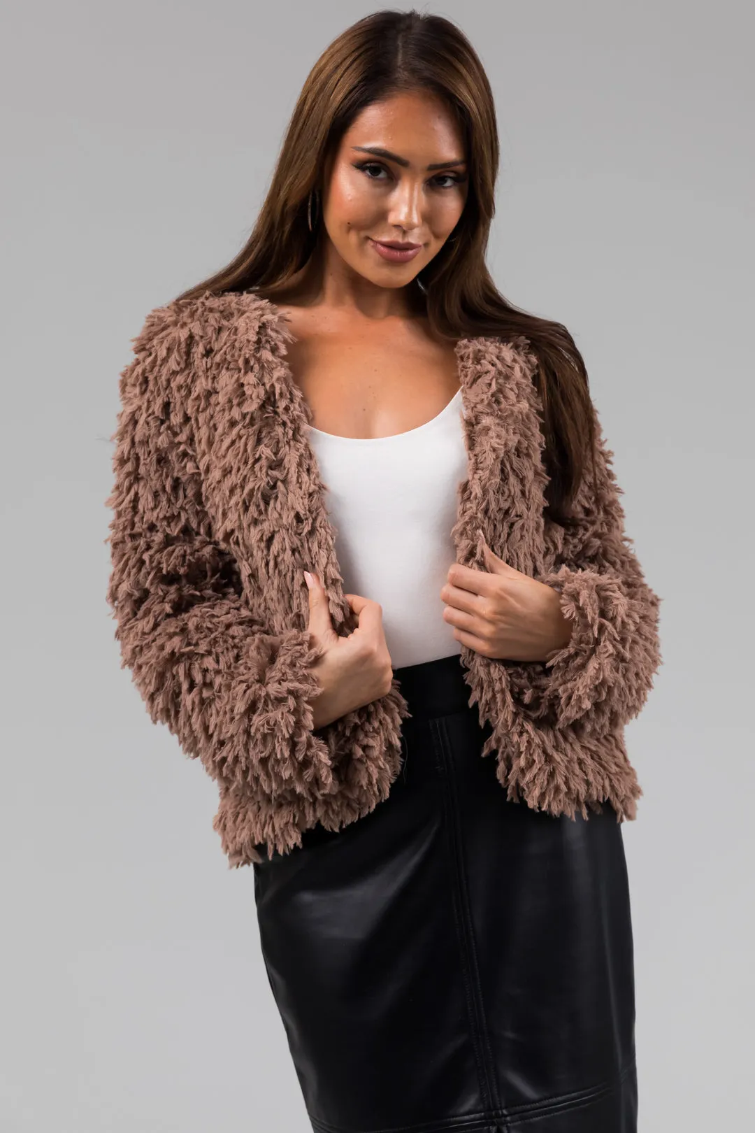 She+Sky Coffee Faux Fur Long Sleeve Jacket sold by Lime Lush
