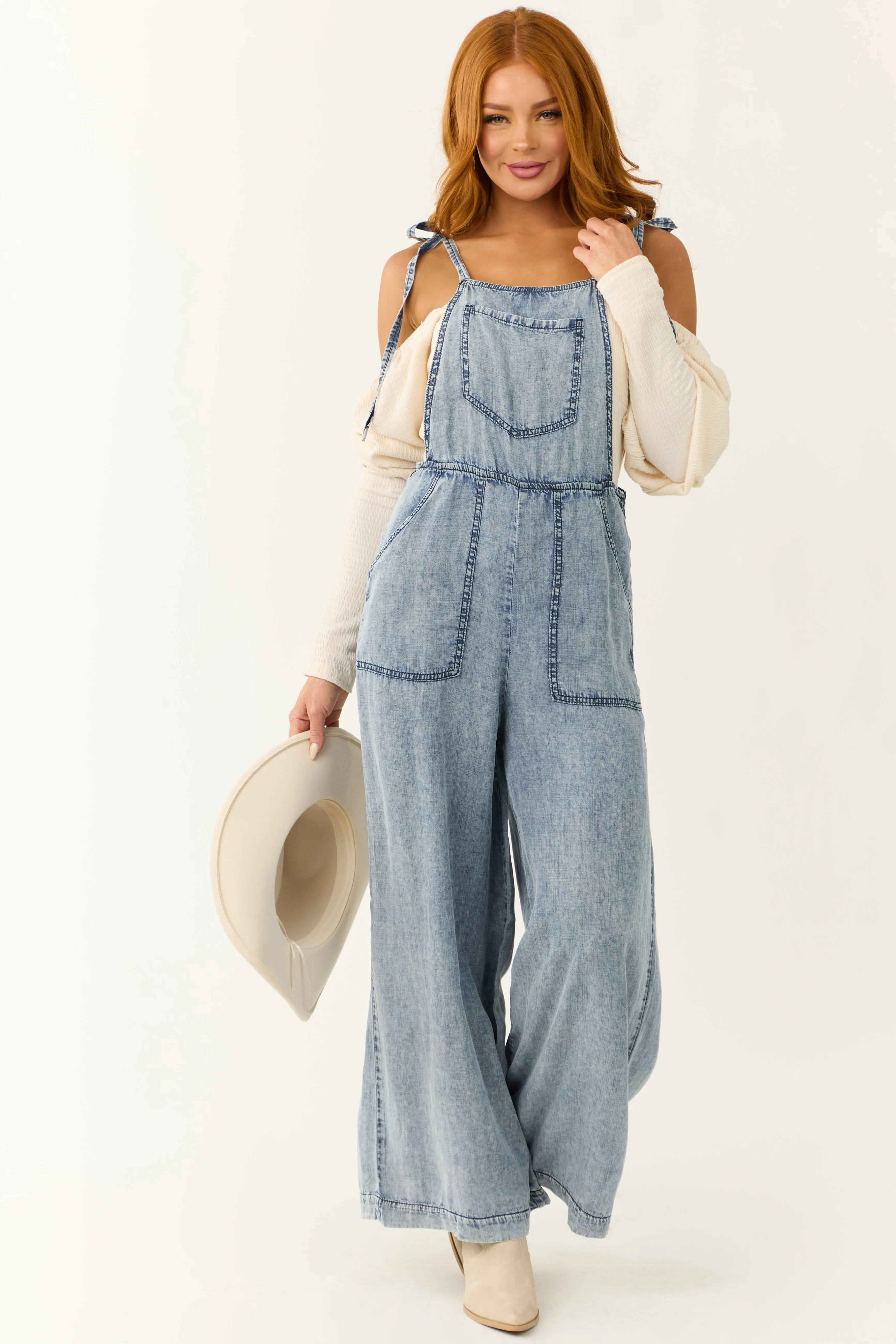 Medium Acid Wash Denim Wide Leg Jumpsuit sold by Lime Lush product image thumbnail 3