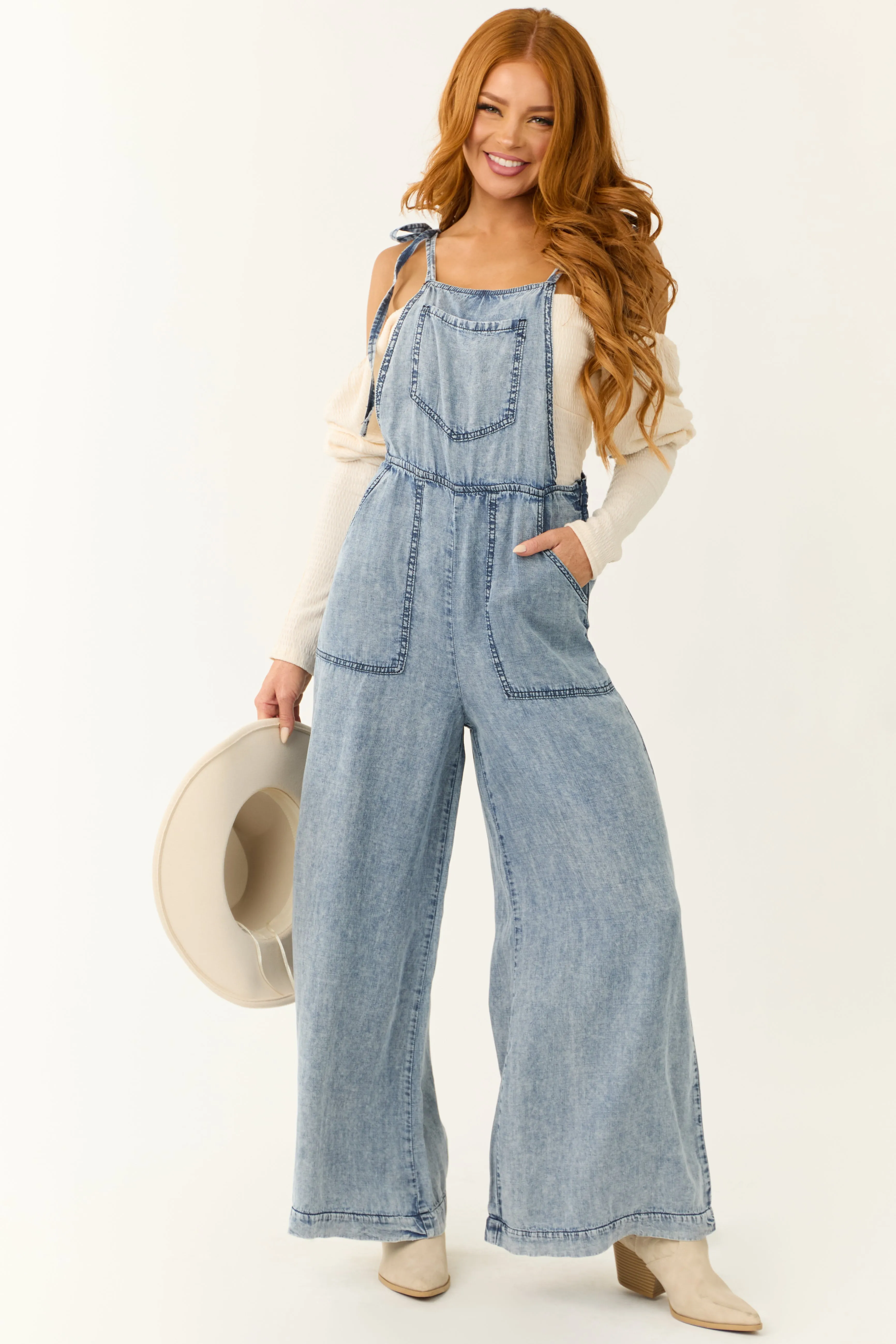Medium Acid Wash Denim Wide Leg Jumpsuit sold by Lime Lush product image thumbnail 4