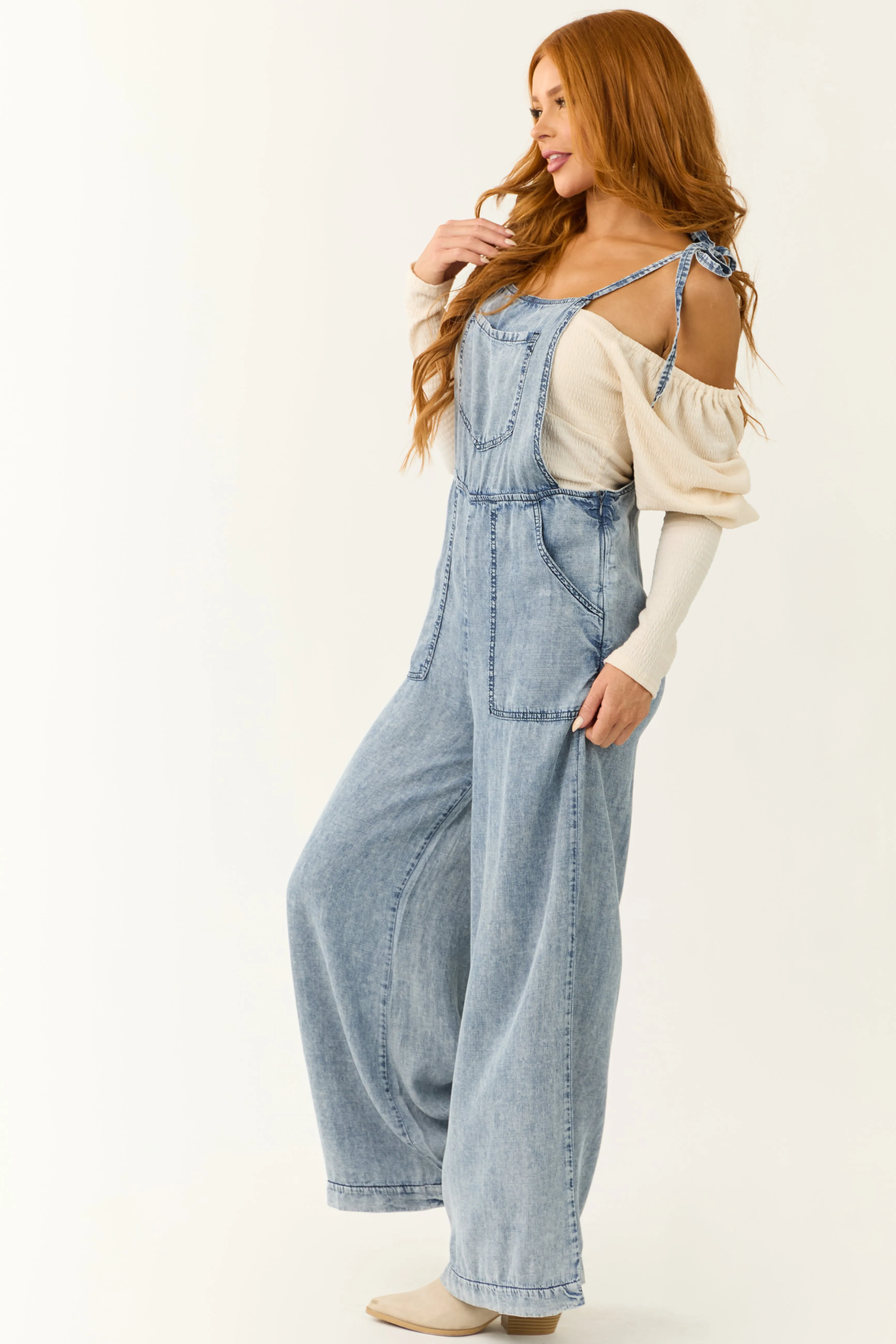 Medium Acid Wash Denim Wide Leg Jumpsuit sold by Lime Lush product image thumbnail 5