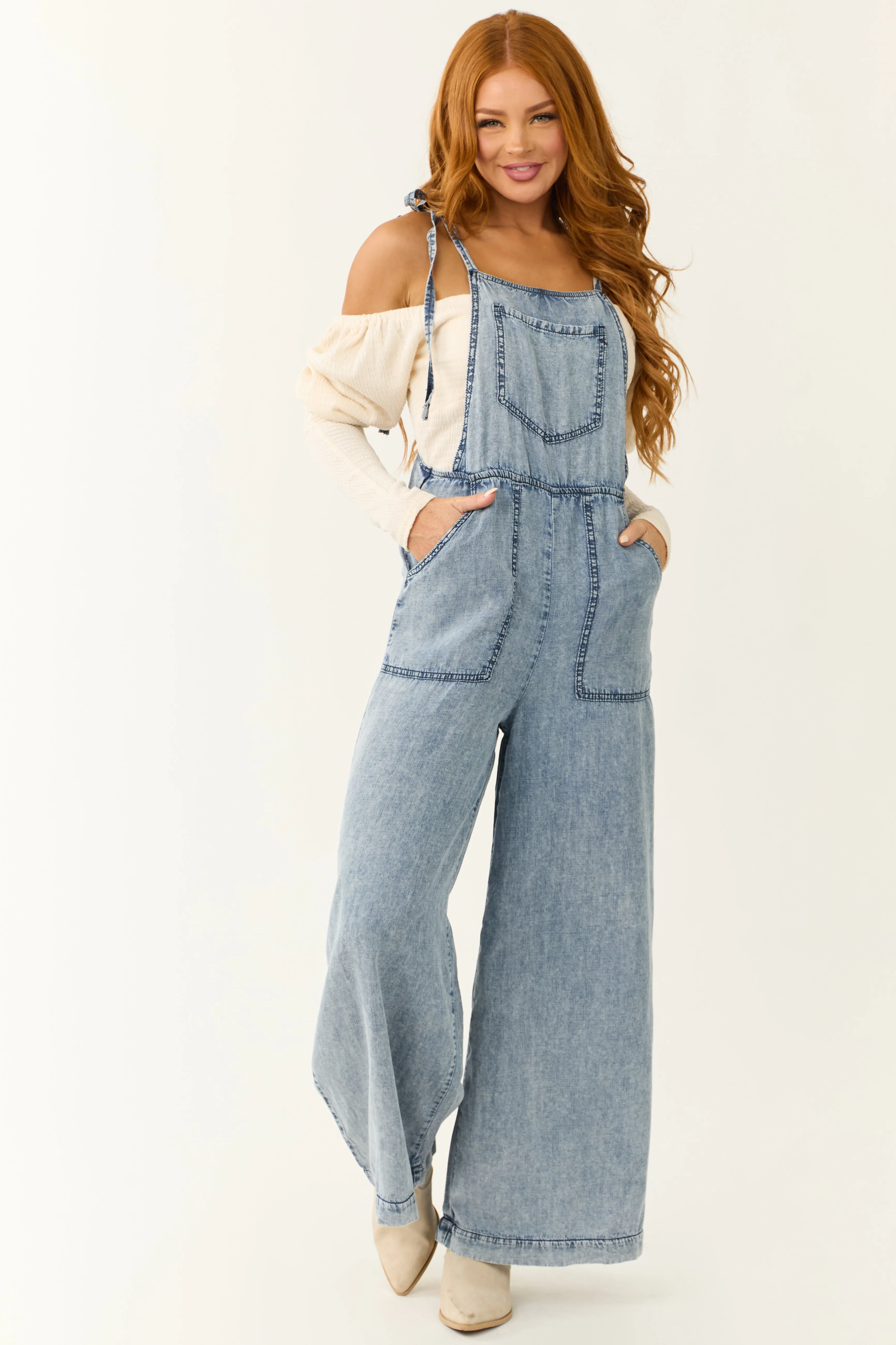 Medium Acid Wash Denim Wide Leg Jumpsuit sold by Lime Lush product image thumbnail 2