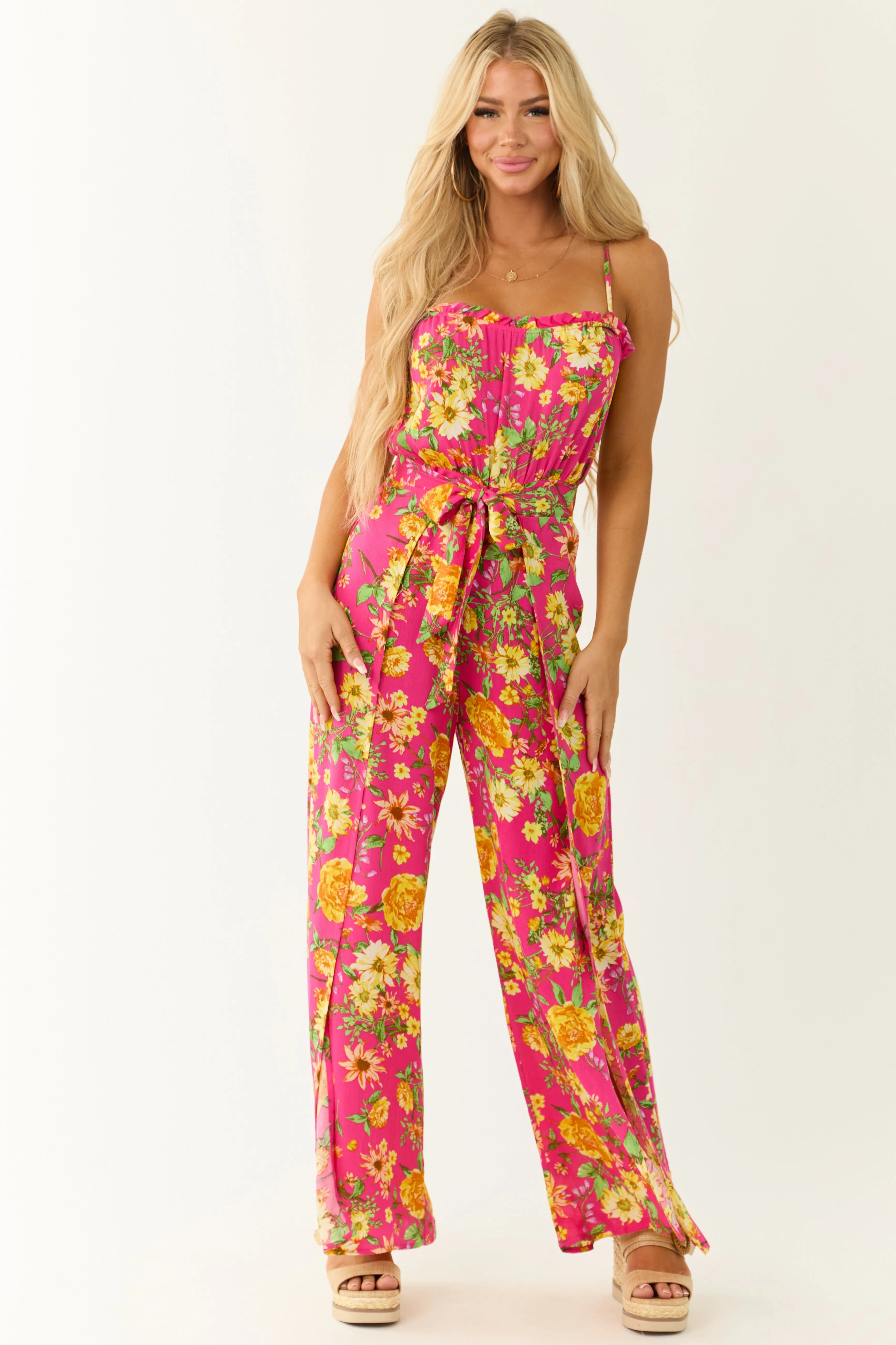 Hot Pink Floral Print Sleeveless Palazzo Jumpsuit sold by Lime Lush product image thumbnail 2