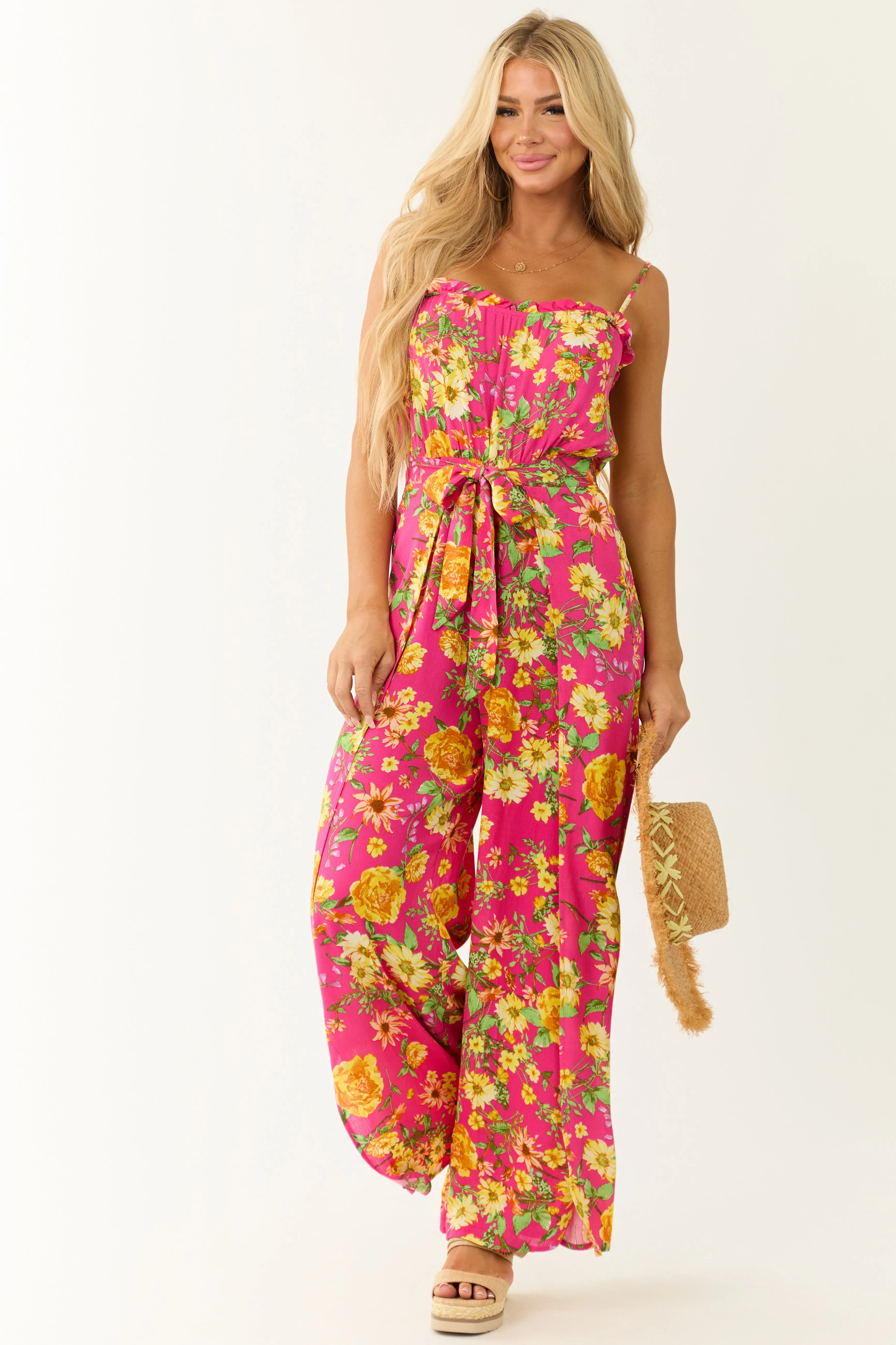 Hot Pink Floral Print Sleeveless Palazzo Jumpsuit sold by Lime Lush product image thumbnail 3