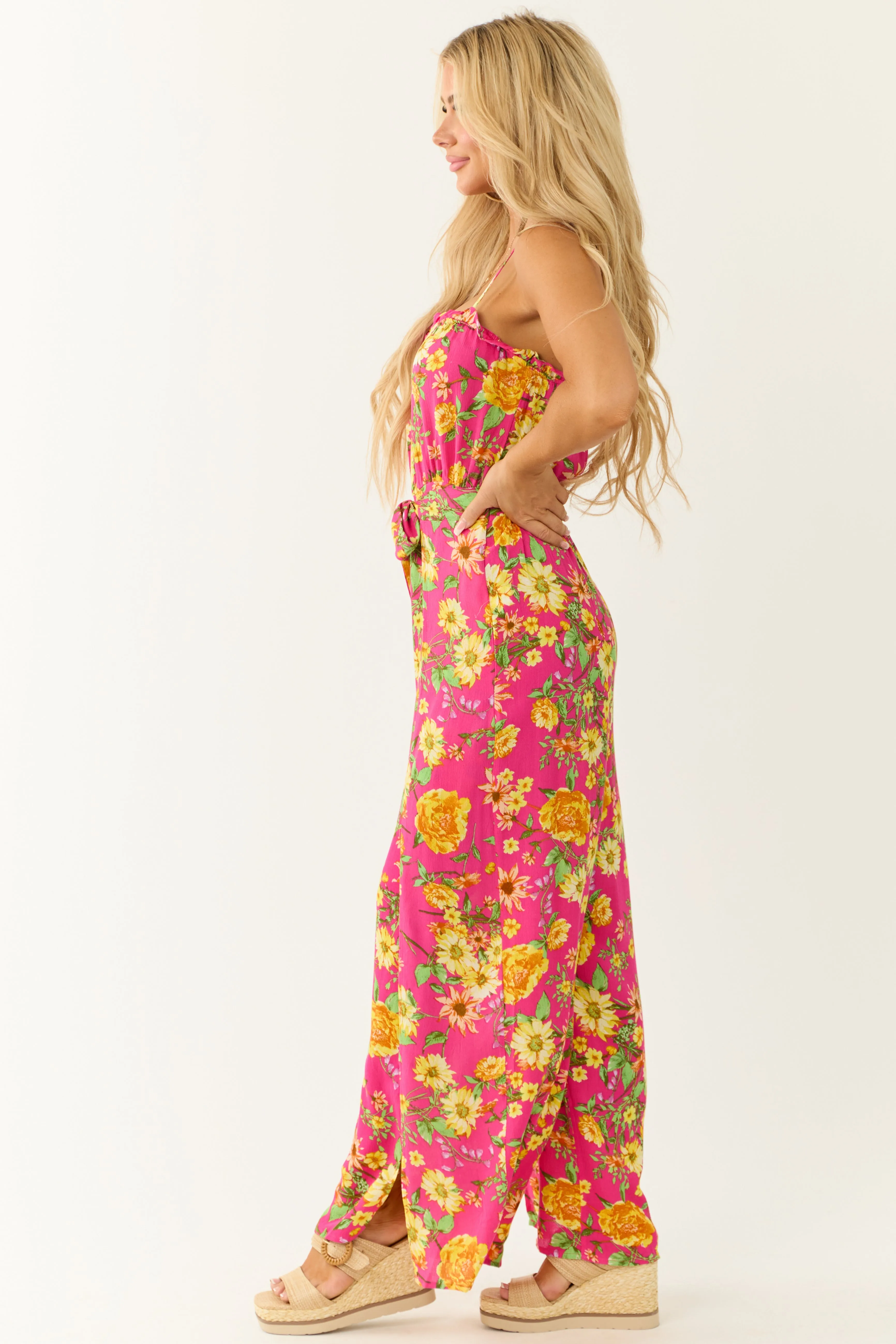 Hot Pink Floral Print Sleeveless Palazzo Jumpsuit sold by Lime Lush product image thumbnail 4