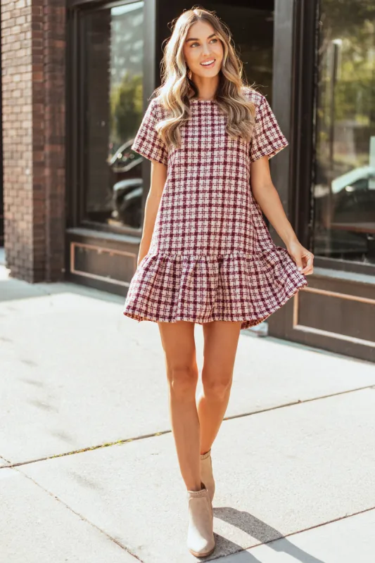 Beige and Plum Short Sleeve Plaid Tweed Mini Dress sold by Lime Lush