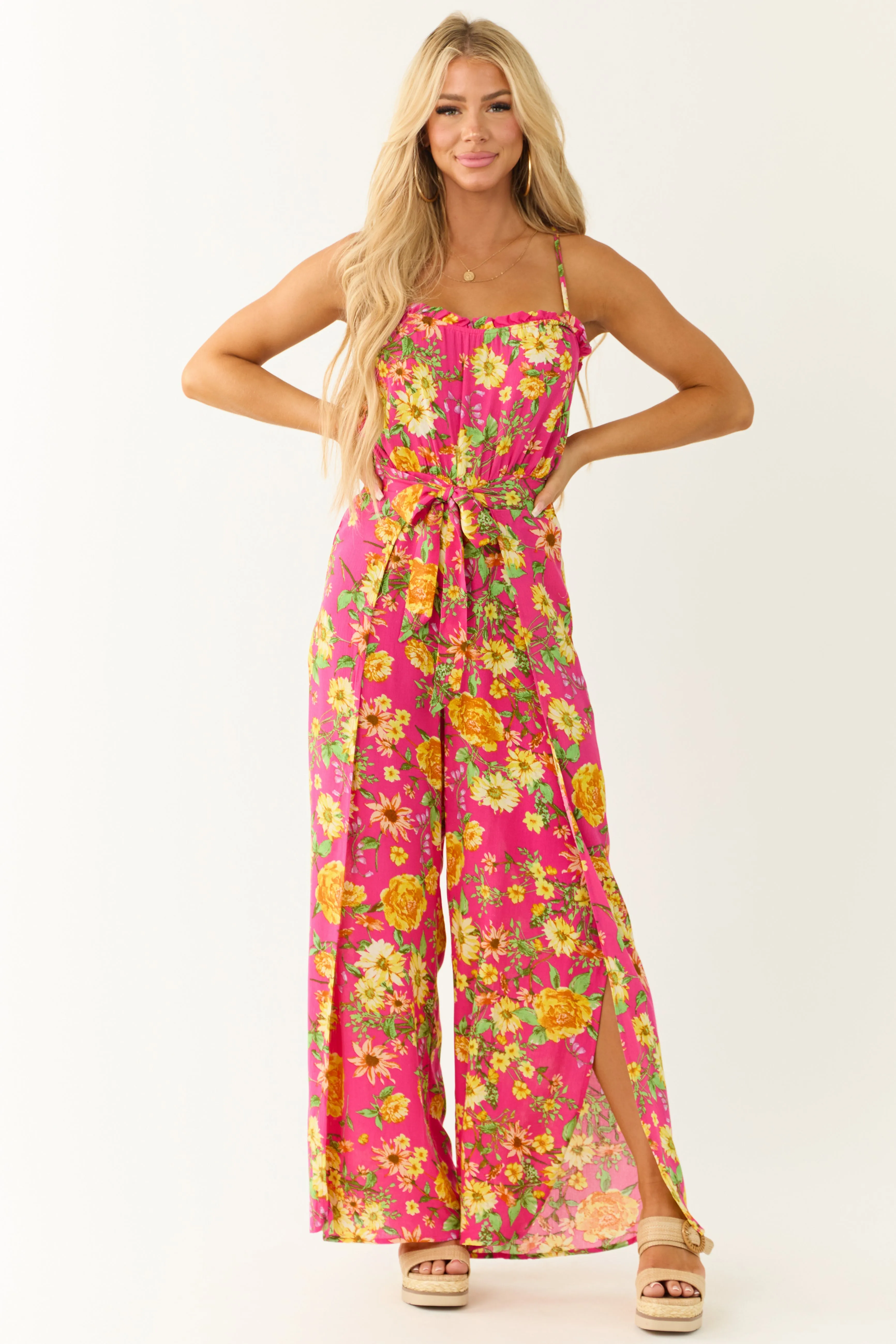 Hot Pink Floral Print Sleeveless Palazzo Jumpsuit sold by Lime Lush