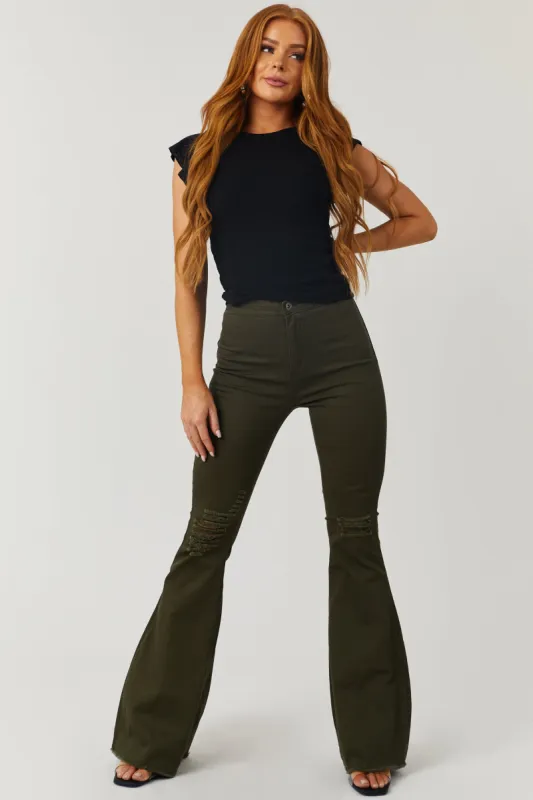 Denim Zone Hazel Dark Olive High Rise Flare Jeans sold by Lime Lush