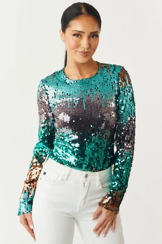 Jade Multicolor Long Sleeve Sequins Bodysuit sold by Lime Lush
