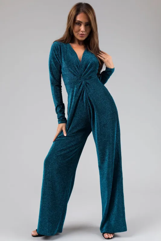 Sea Blue Metallic Long Sleeve V Neck Jumpsuit sold by Lime Lush