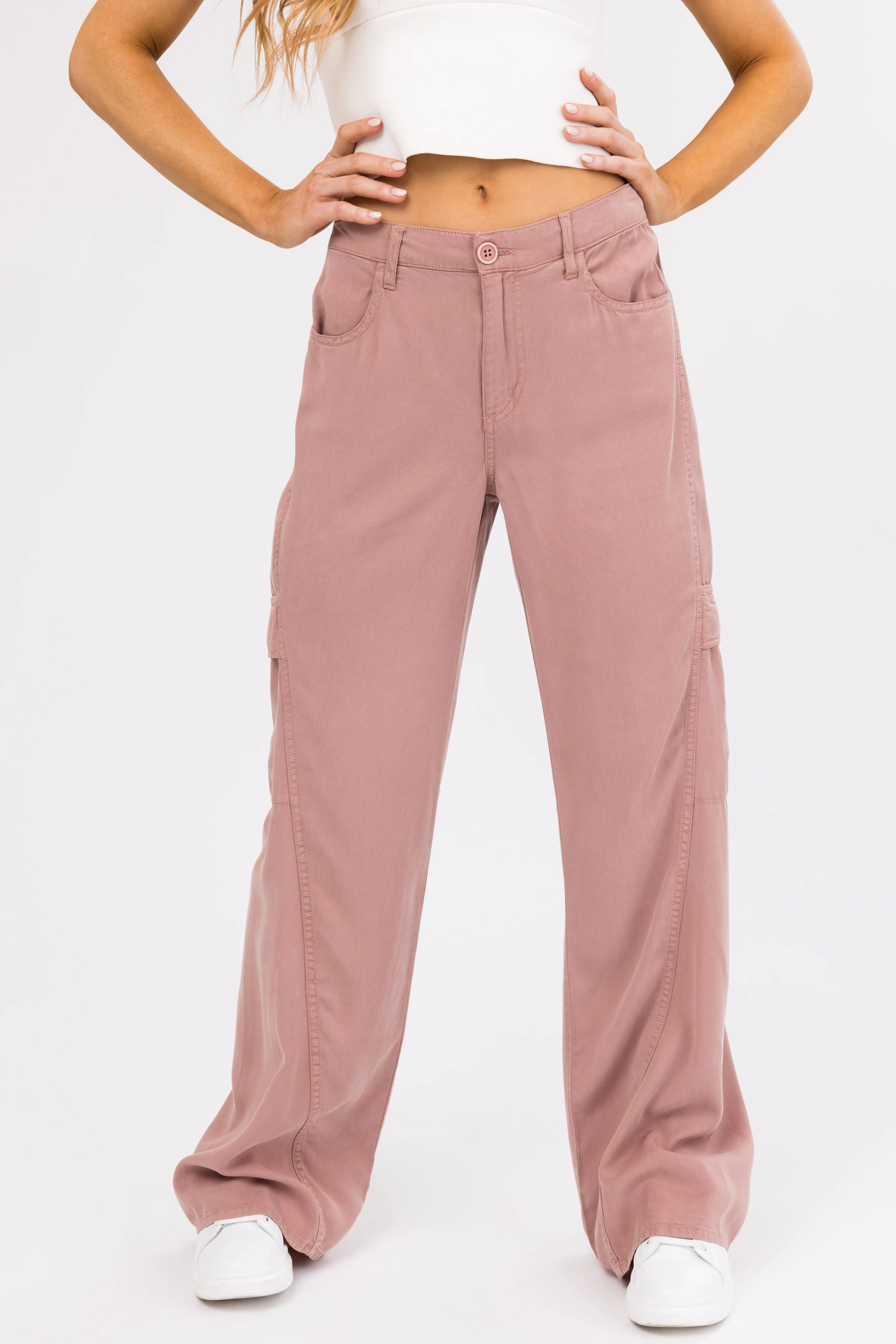 Risen Dusty Rose High Rise Tencel Cargo Pants sold by Lime Lush