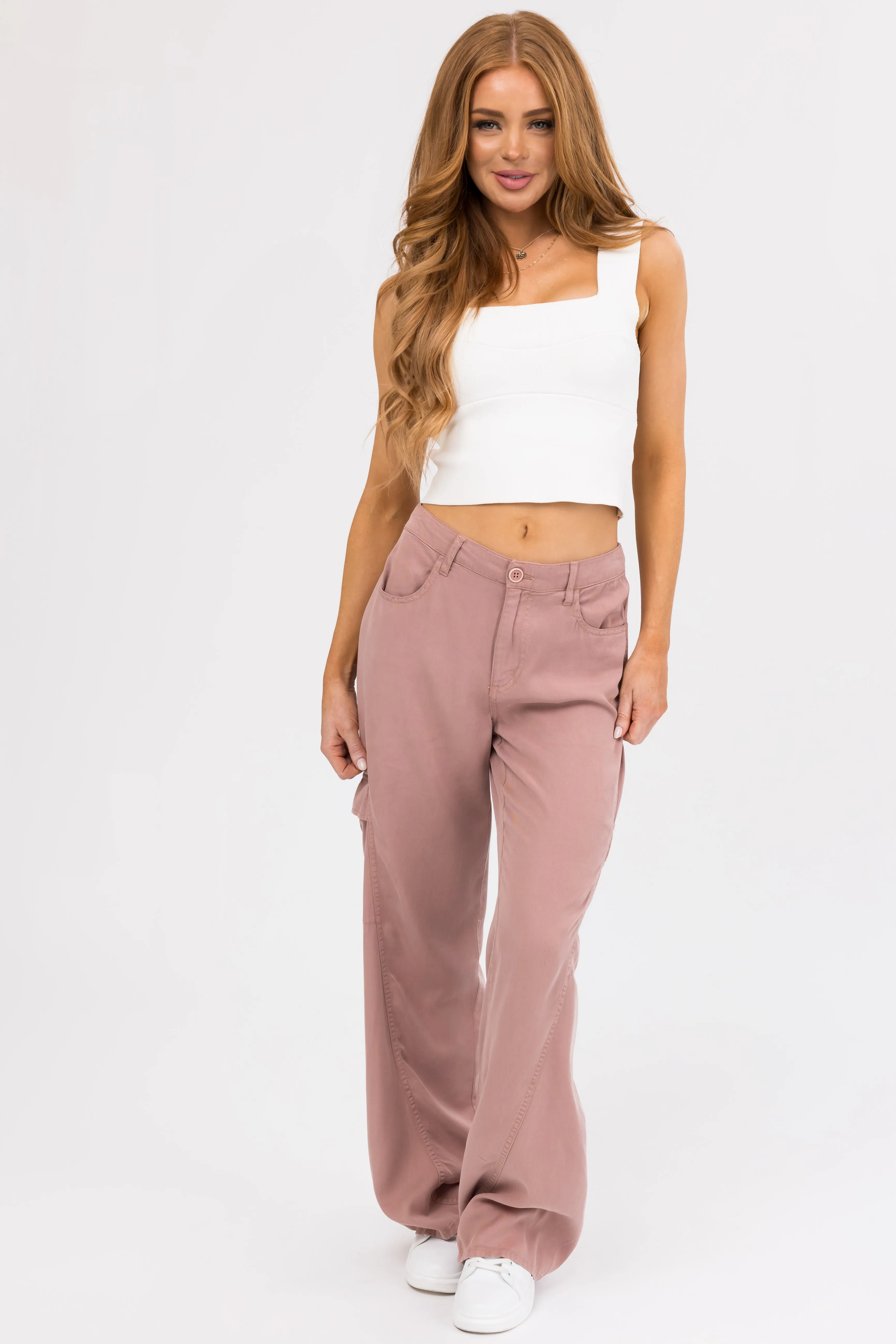 Risen Dusty Rose High Rise Tencel Cargo Pants sold by Lime Lush product image thumbnail 2