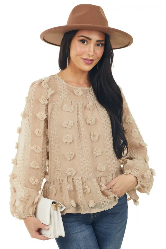 Latte Long Sleeve Pom Pom Detail Blouse sold by Lime Lush