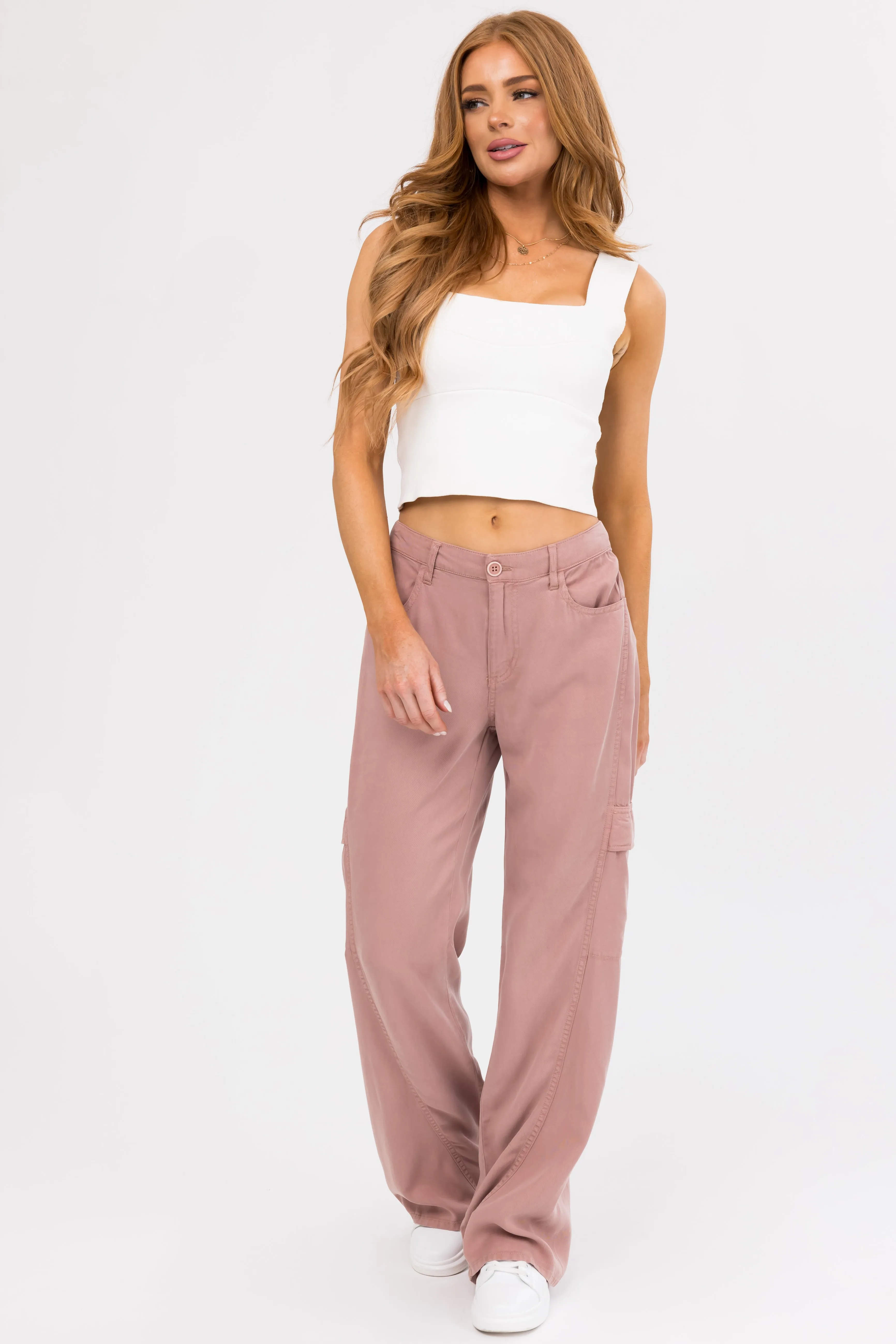 Risen Dusty Rose High Rise Tencel Cargo Pants sold by Lime Lush product image thumbnail 5