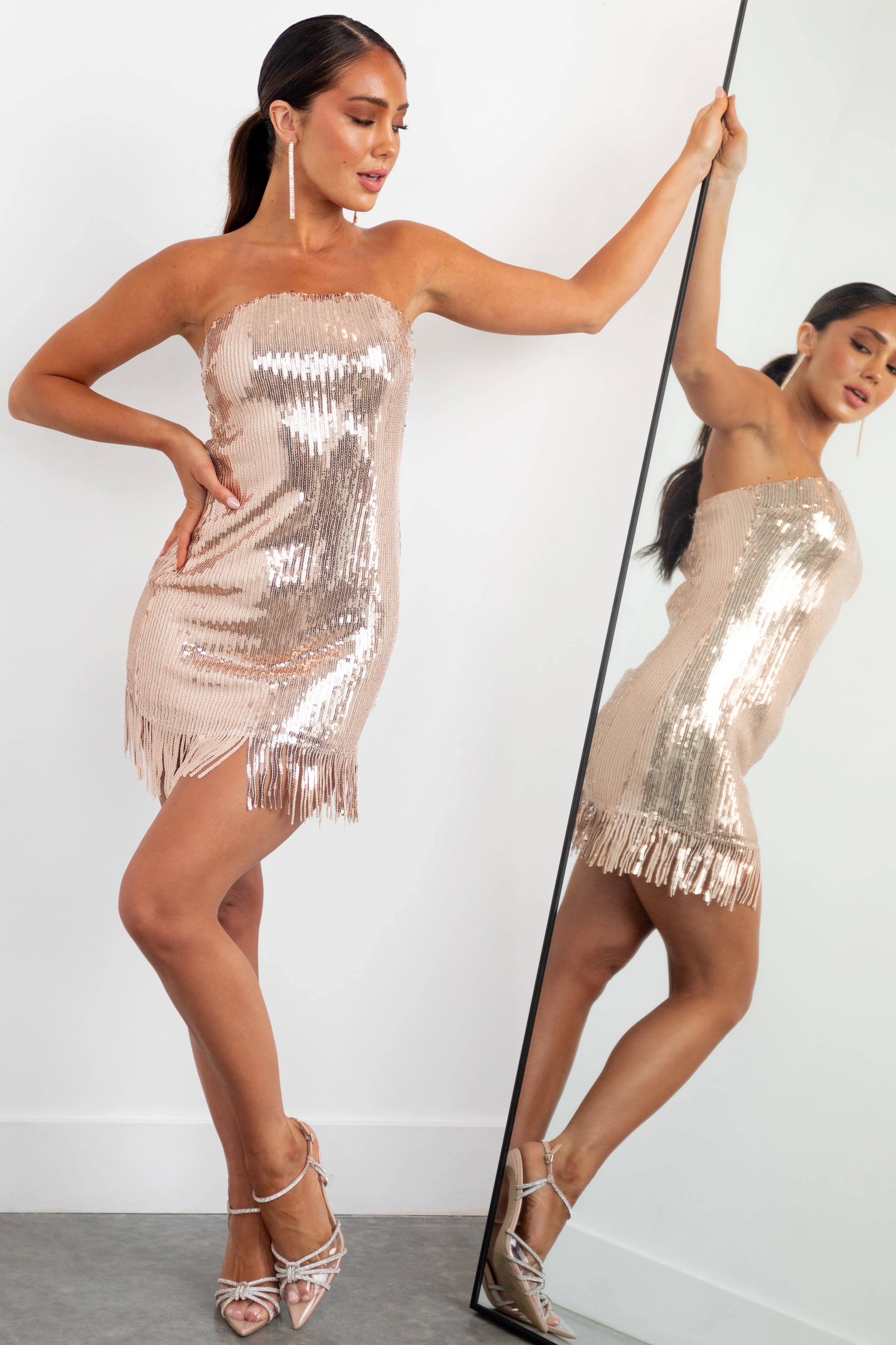Rose Gold Strapless Fringed Sequins Mini Dress sold by Lime Lush product image thumbnail 5