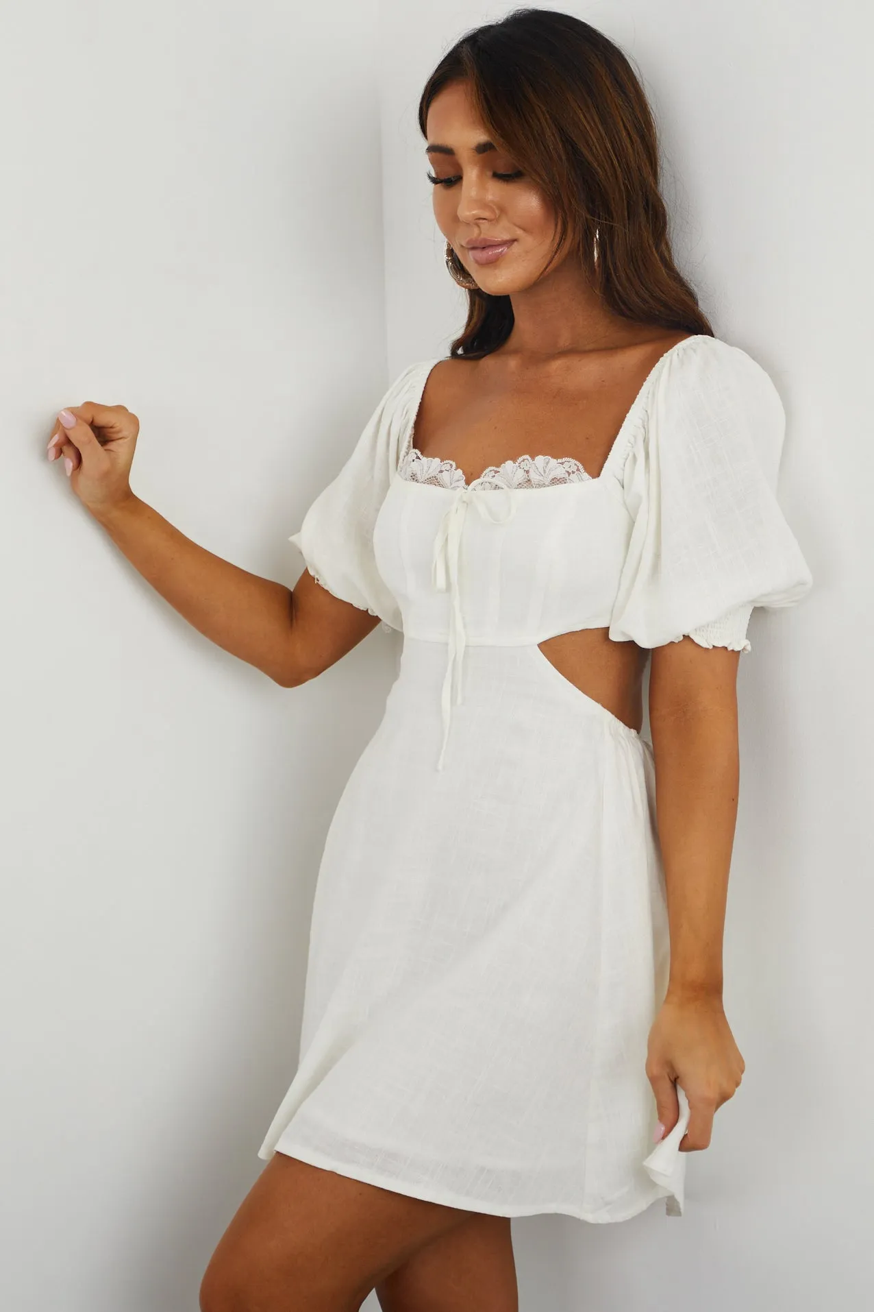 Off White Lace Detail Cut Out Back Mini Dress sold by Lime Lush product image thumbnail 4