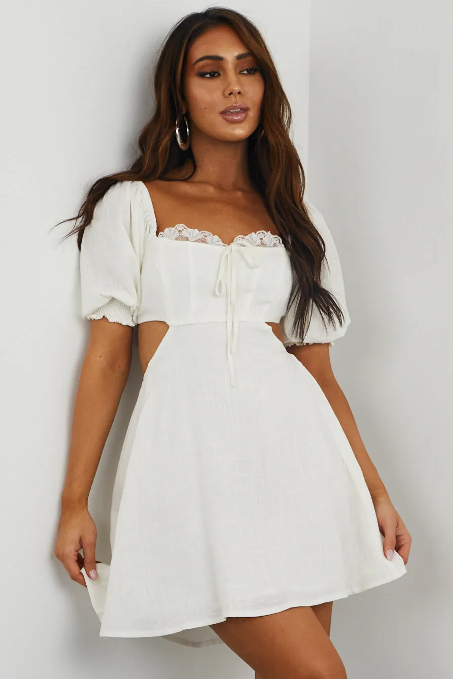 Off White Lace Detail Cut Out Back Mini Dress sold by Lime Lush