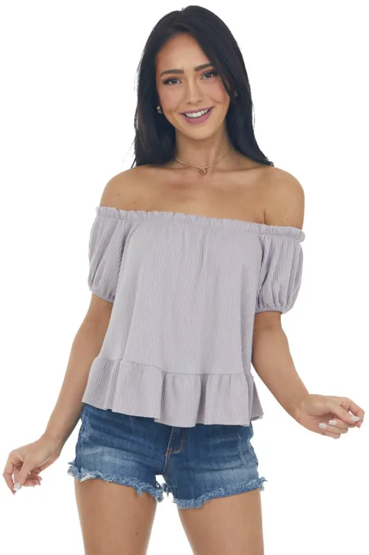 Lavender Boat Neckline Ribbed Knit Crop Top with Ruffles sold by Lime Lush
