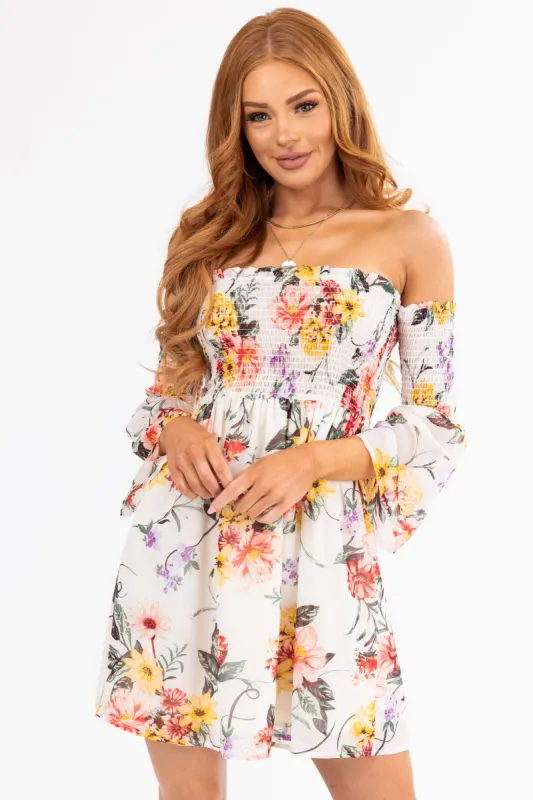 Cream Floral Print Off the Shoulder Mini Dress sold by Lime Lush