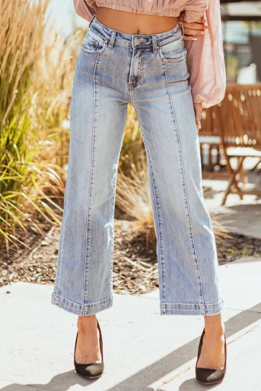 Risen Light Wash High Rise Cropped Wide Leg Jeans sold by Lime Lush