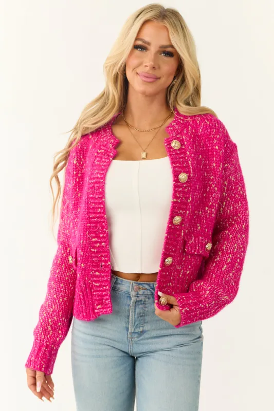 Fuchsia Speckled Yarn Knit Button Up Thick Cardigan sold by Lime Lush