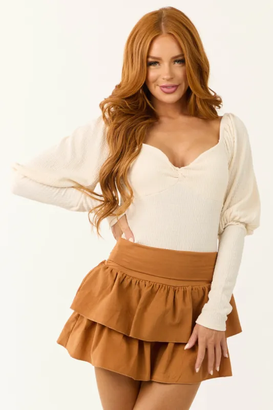 Cream Smocked Sweetheart Twist Neck Bodysuit sold by Lime Lush