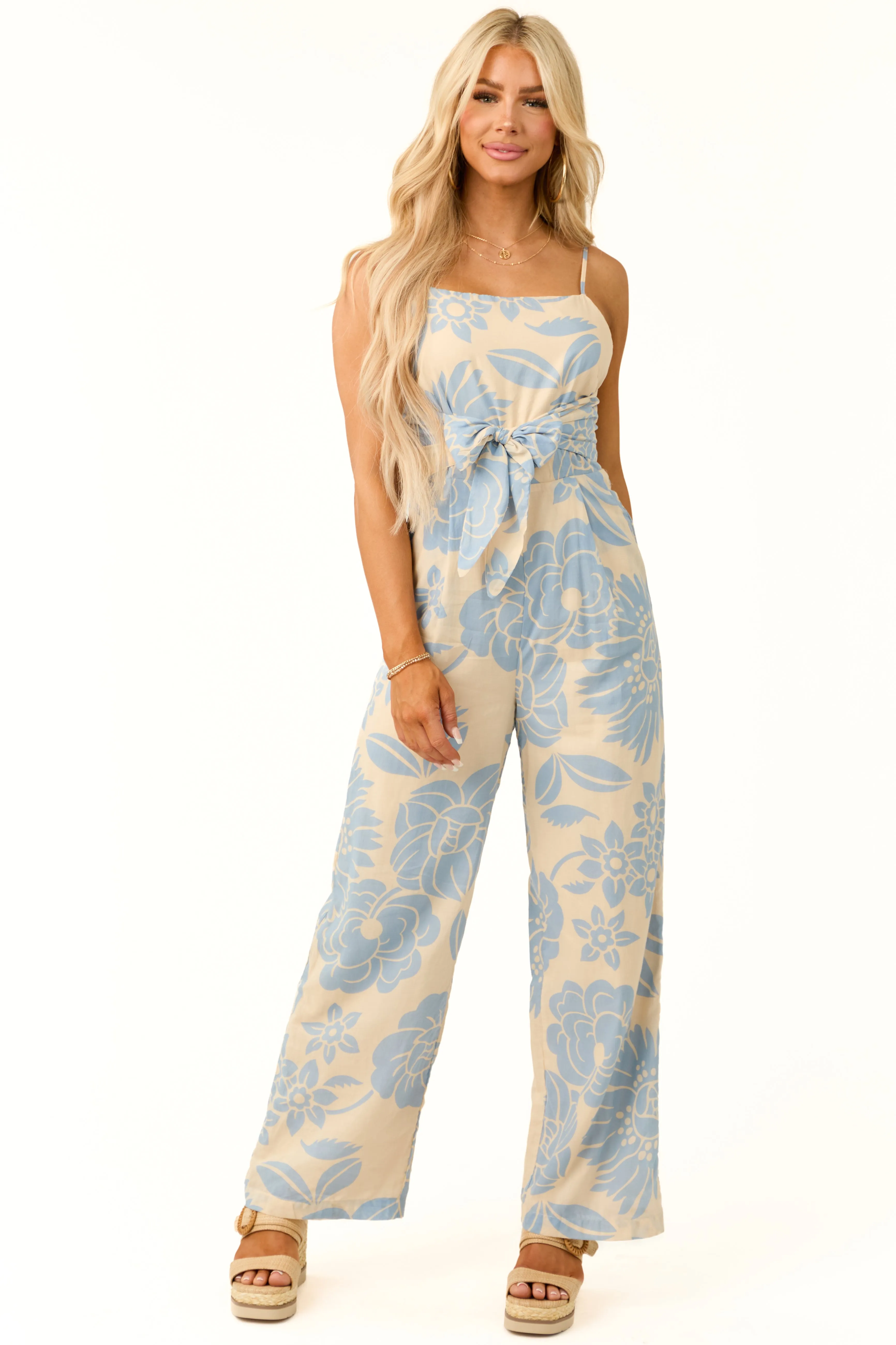 Beige and Powder Blue Floral Print Jumpsuit sold by Lime Lush
