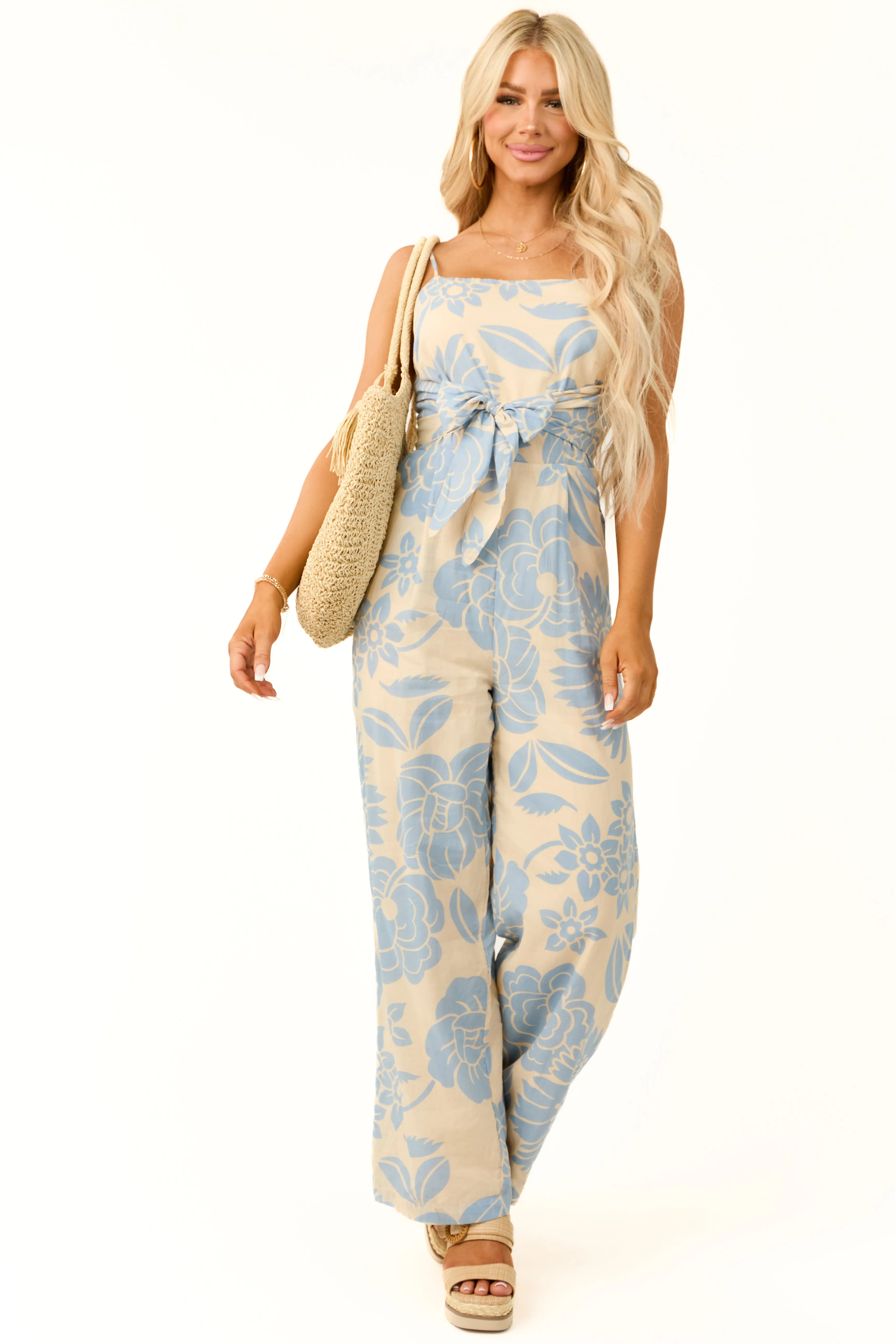Beige and Powder Blue Floral Print Jumpsuit sold by Lime Lush product image thumbnail 3