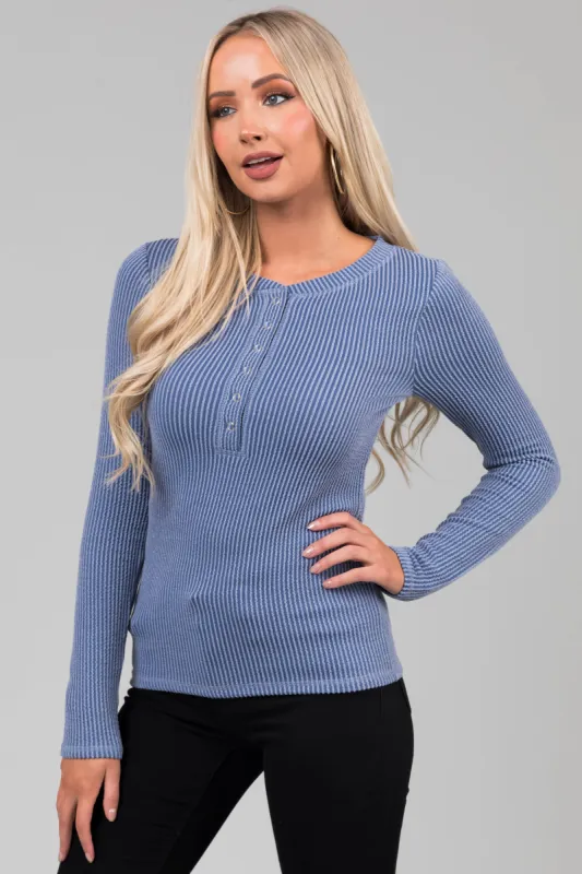 Dusty Blue Wavy Ribbed Knit Snap Button Top sold by Lime Lush