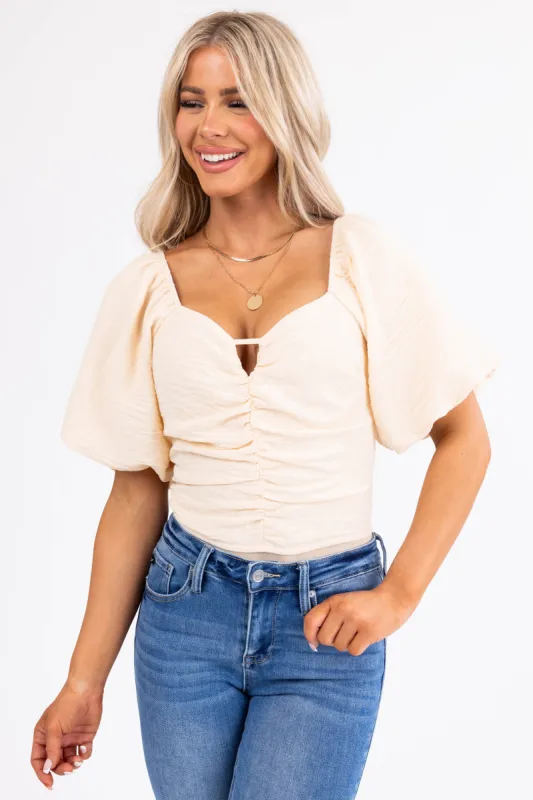 Cream Puff Sleeve Ruched Linen Bodysuit made by Vanilla Bay
