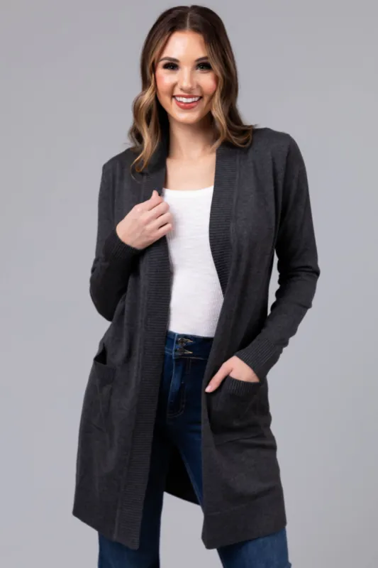 Charcoal Mid Length Lightweight Open Cardigan sold by Lime Lush
