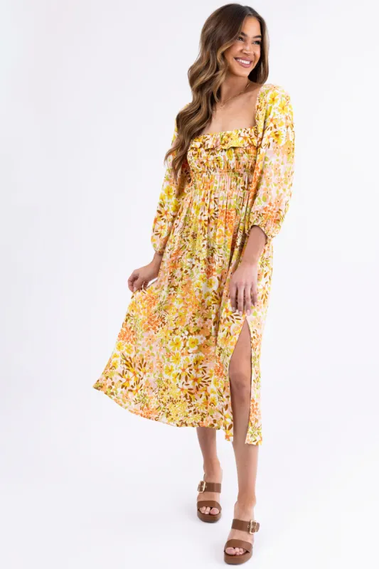 Buttercream Floral Print Smocked Midi Dress sold by Lime Lush