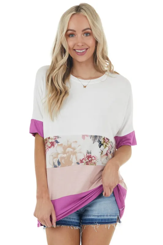 Deep Lilac and Floral Print Colorblock Short Sleeve Knit Tee sold by Lime Lush