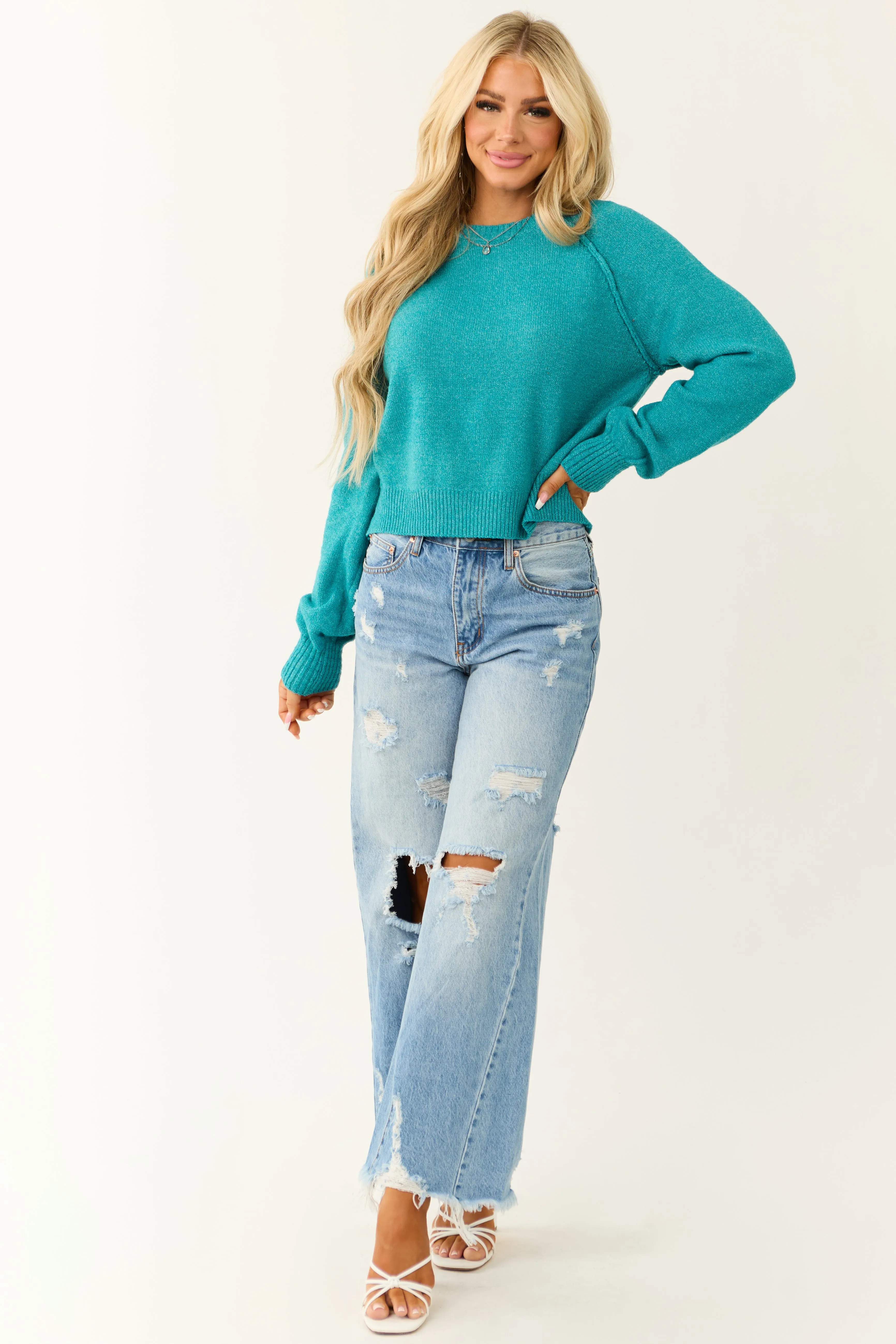 Bright Sea Blue Cropped Knit Sweater sold by Lime Lush product image thumbnail 3