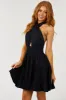 Black Wrapped Halter Neck Tiered Mini Dress sold by Lime Lush