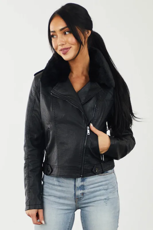Black Moto Jacket with Faux Fur Collar sold by Lime Lush