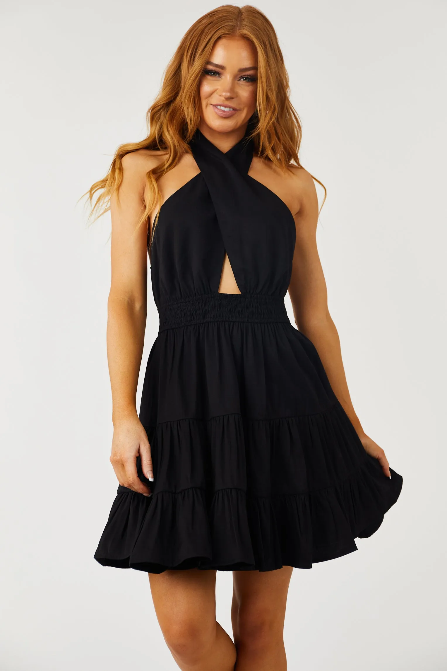 Black Wrapped Halter Neck Tiered Mini Dress sold by Lime Lush product image thumbnail 2