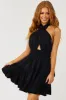 Black Wrapped Halter Neck Tiered Mini Dress sold by Lime Lush