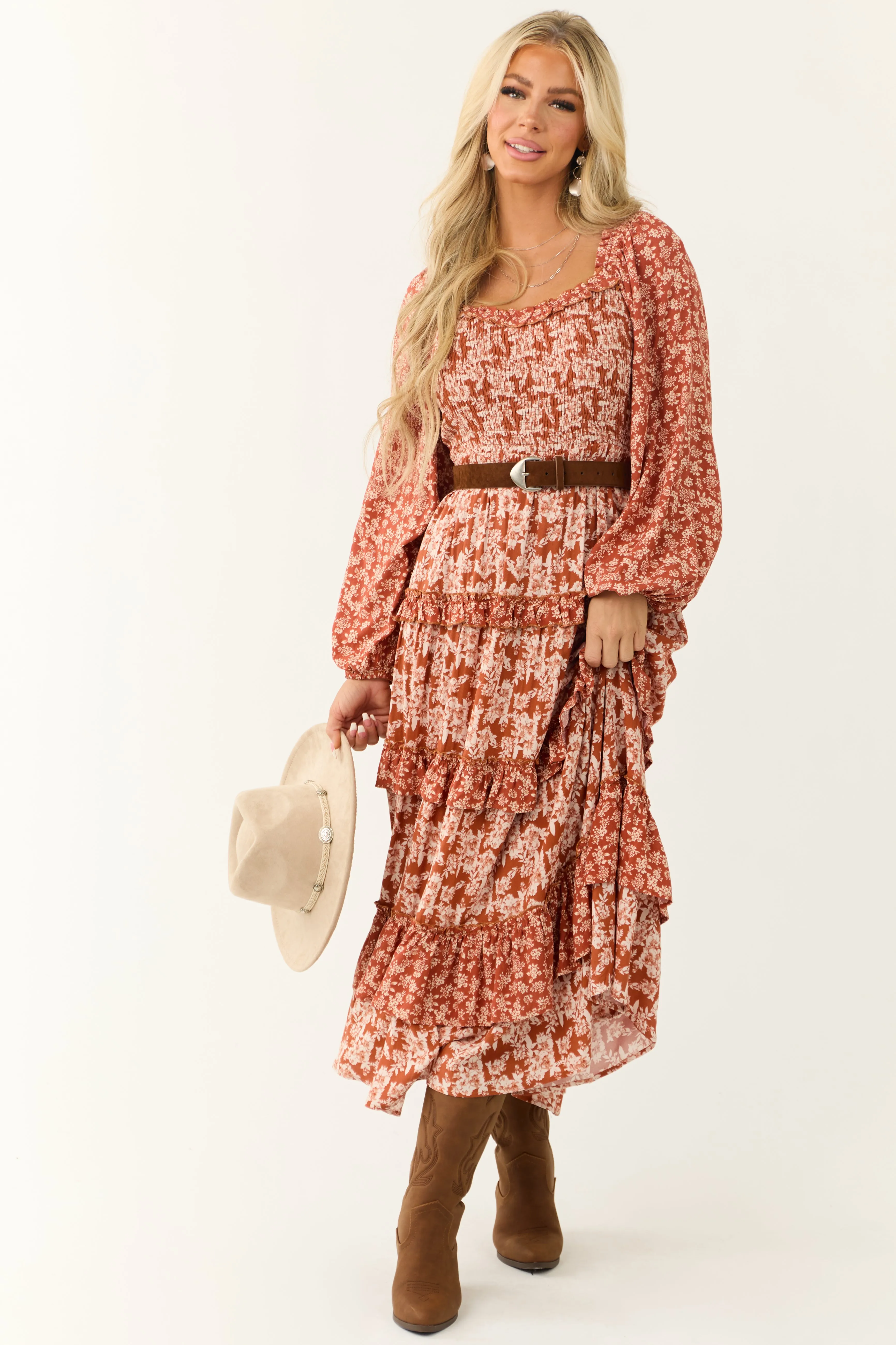 Rust Floral Print Tiered Ruffle Maxi Dress sold by Lime Lush product image thumbnail 3