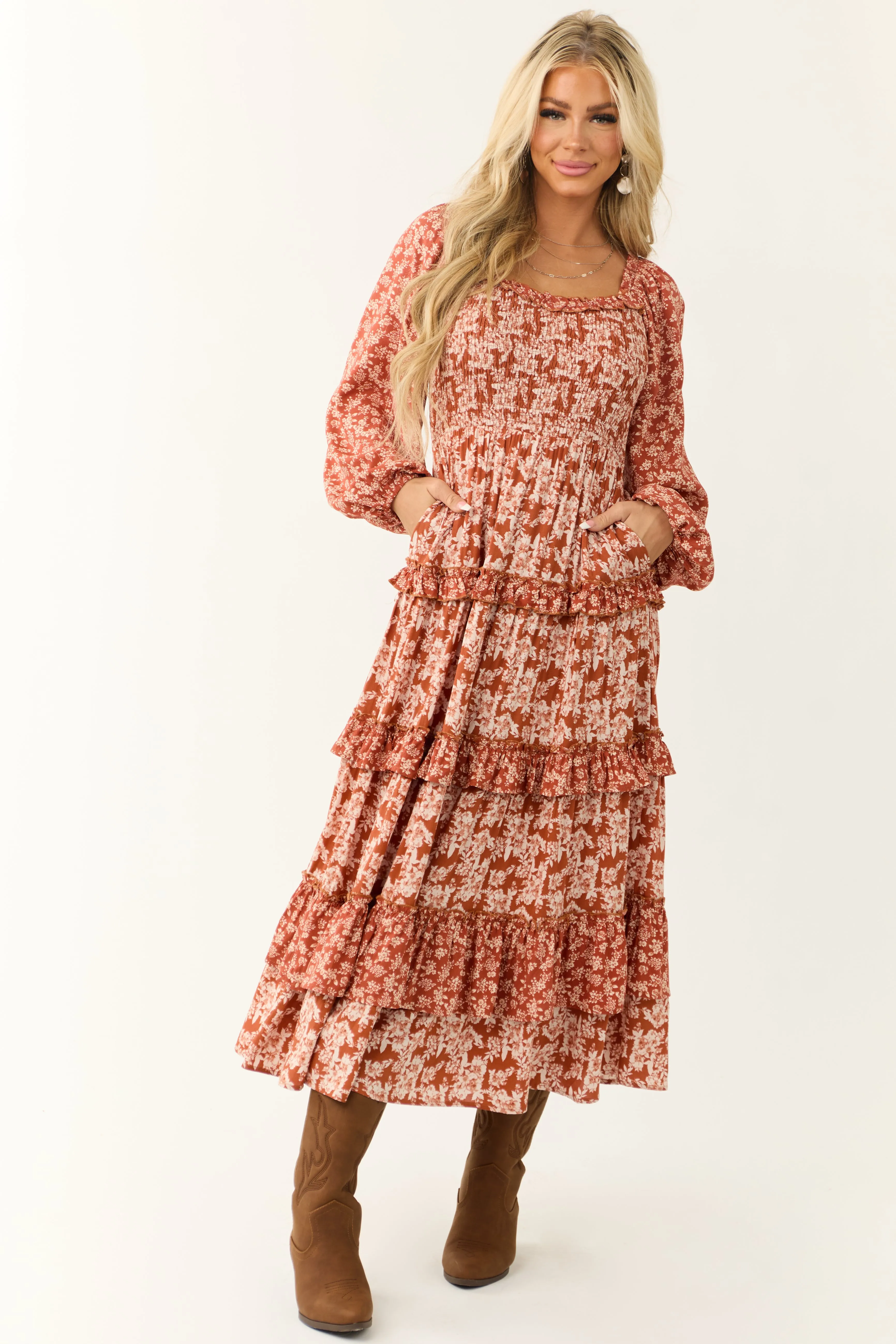 Rust Floral Print Tiered Ruffle Maxi Dress sold by Lime Lush product image thumbnail 5