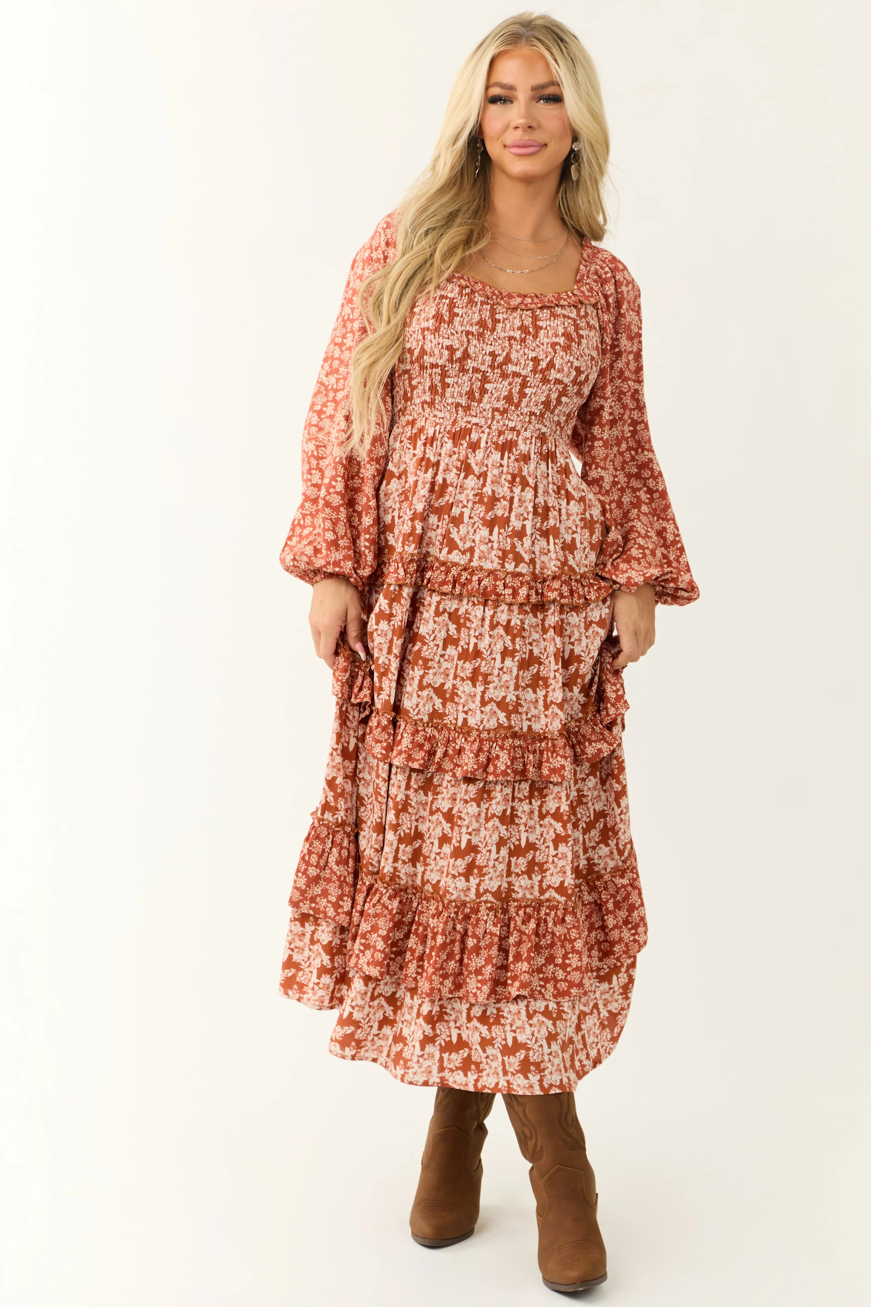 Rust Floral Print Tiered Ruffle Maxi Dress sold by Lime Lush product image thumbnail 4
