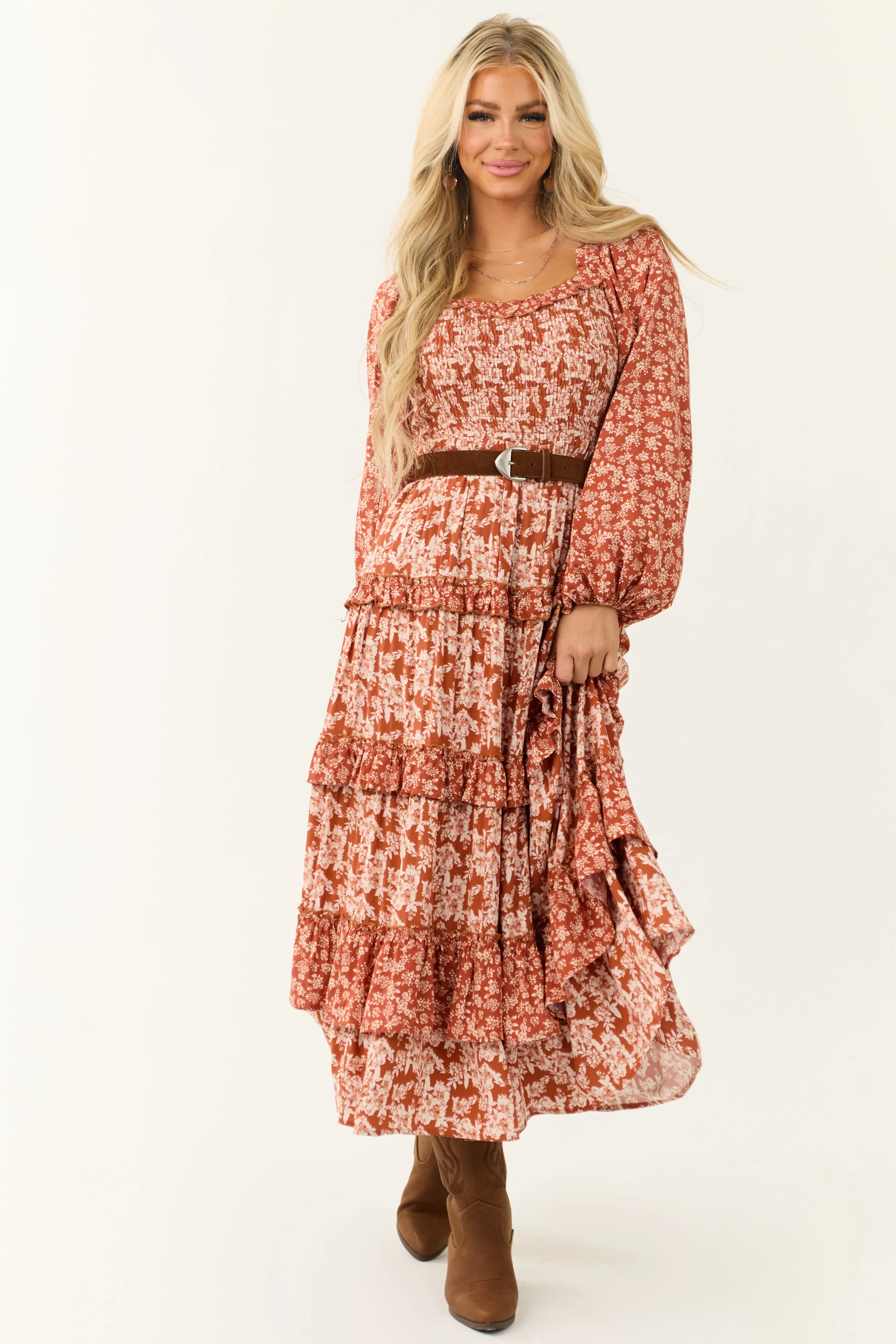 Rust Floral Print Tiered Ruffle Maxi Dress sold by Lime Lush