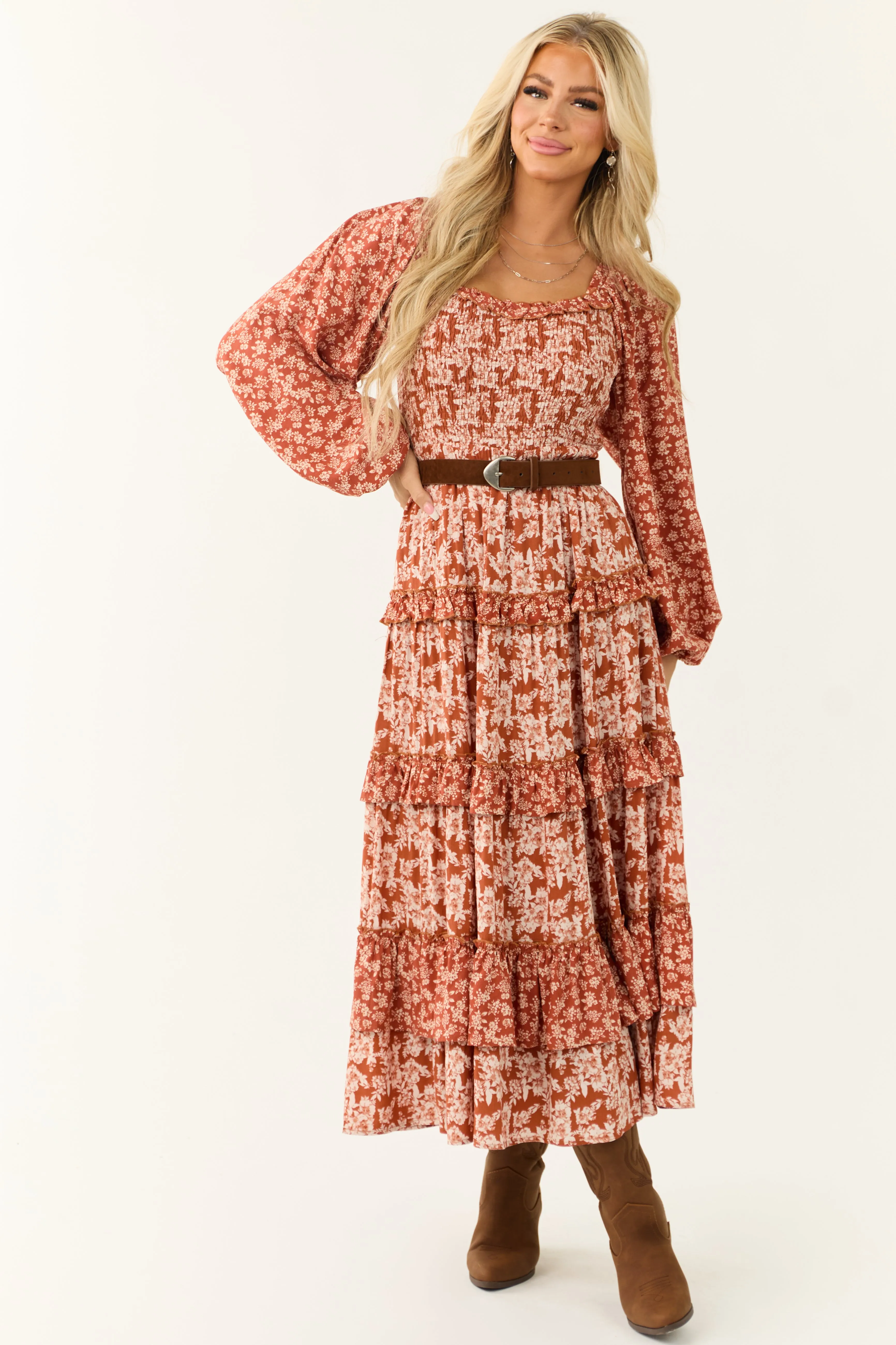 Rust Floral Print Tiered Ruffle Maxi Dress sold by Lime Lush product image thumbnail 2