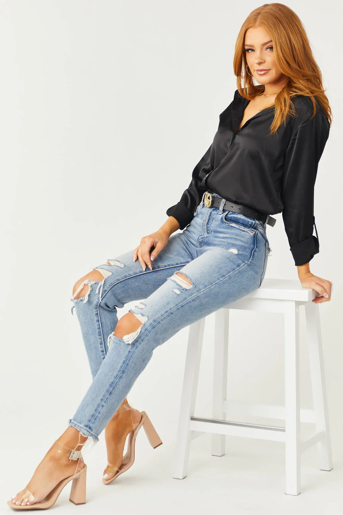 Mica Denim Medium Wash Frayed Hem Distressed Mom Jeans sold by Lime Lush product image thumbnail 4