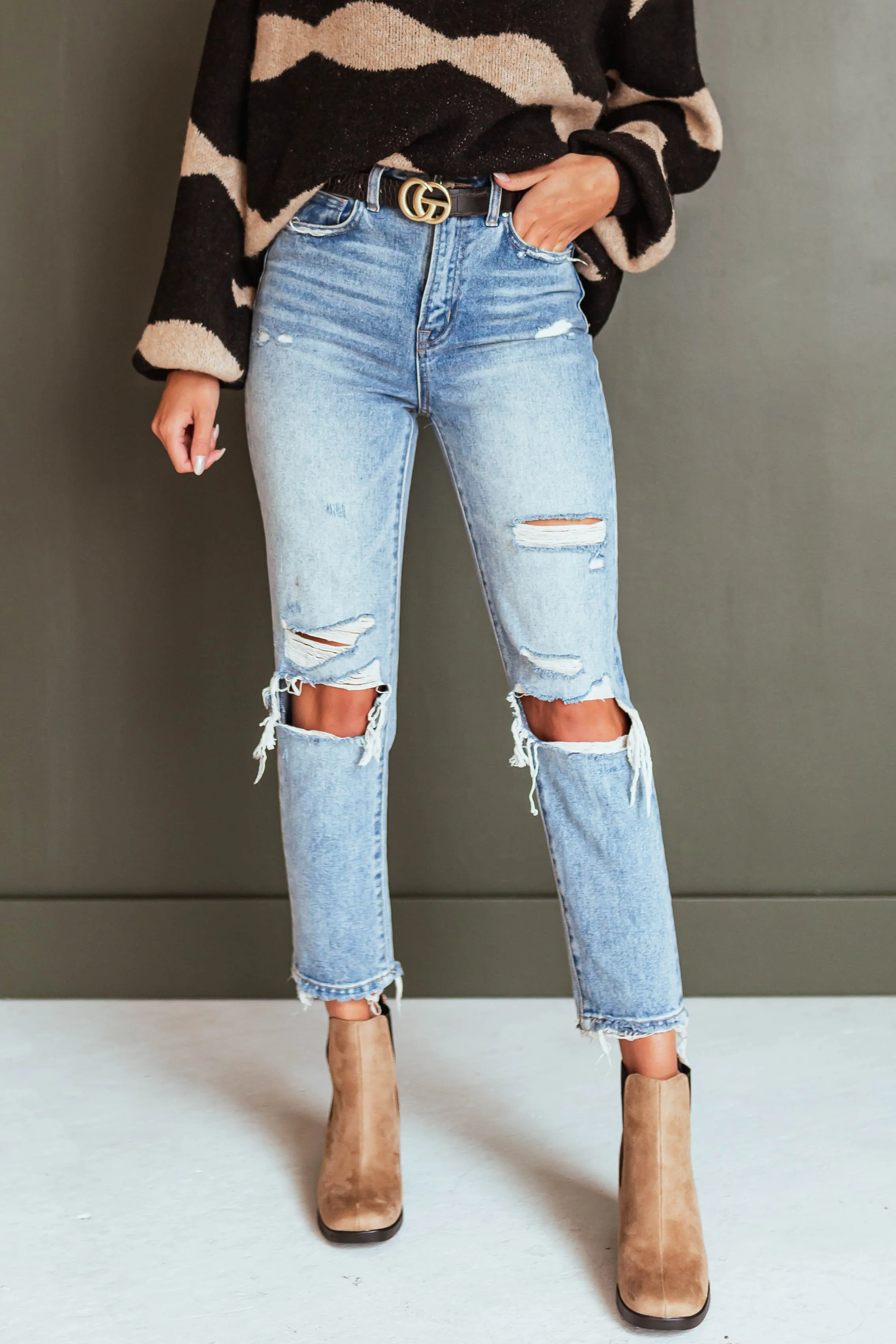Mica Denim Medium Wash Frayed Hem Distressed Mom Jeans sold by Lime Lush