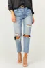 Mica Denim Medium Wash Frayed Hem Distressed Mom Jeans sold by Lime Lush